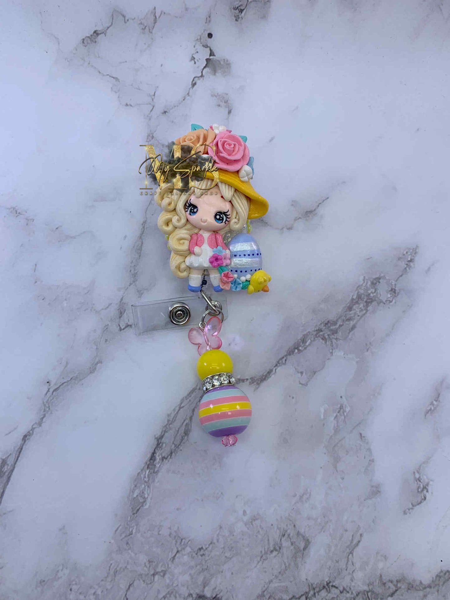 Easter Cute Girl Egg Clay Badge Reel