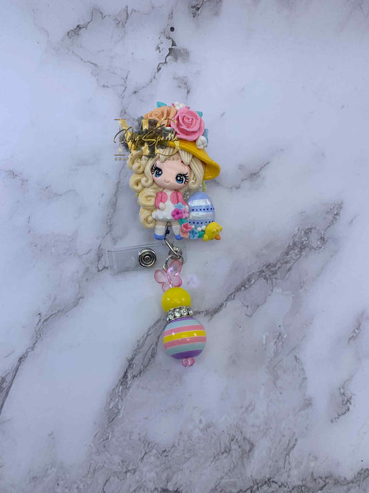 Easter Cute Girl Egg Clay Badge Reel