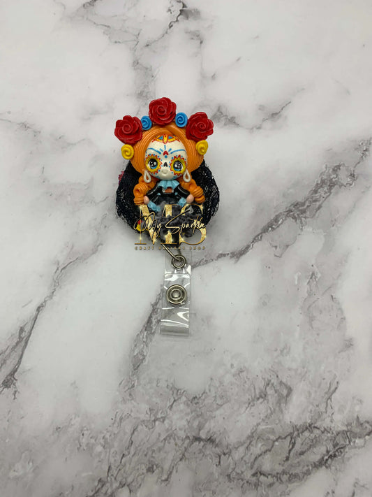 Day of the Dead Sugar Skull Retractable Badge Reel