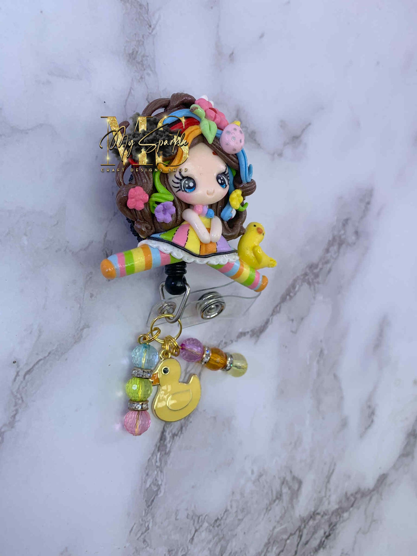 Easter Cute Girl w/ Chick Clay Badge Reel