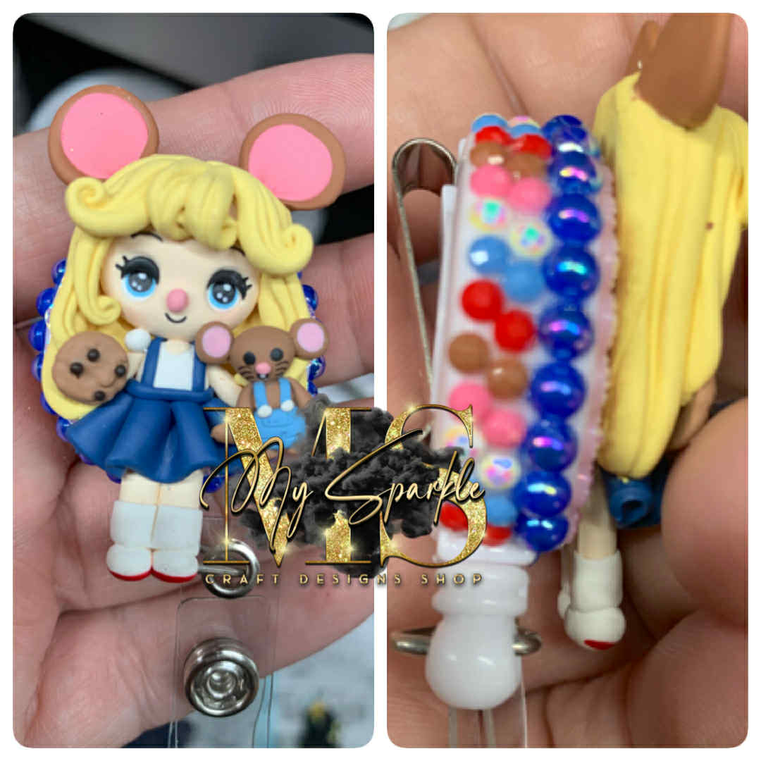 Girl Mouse With Cookie Clay Badge Reel