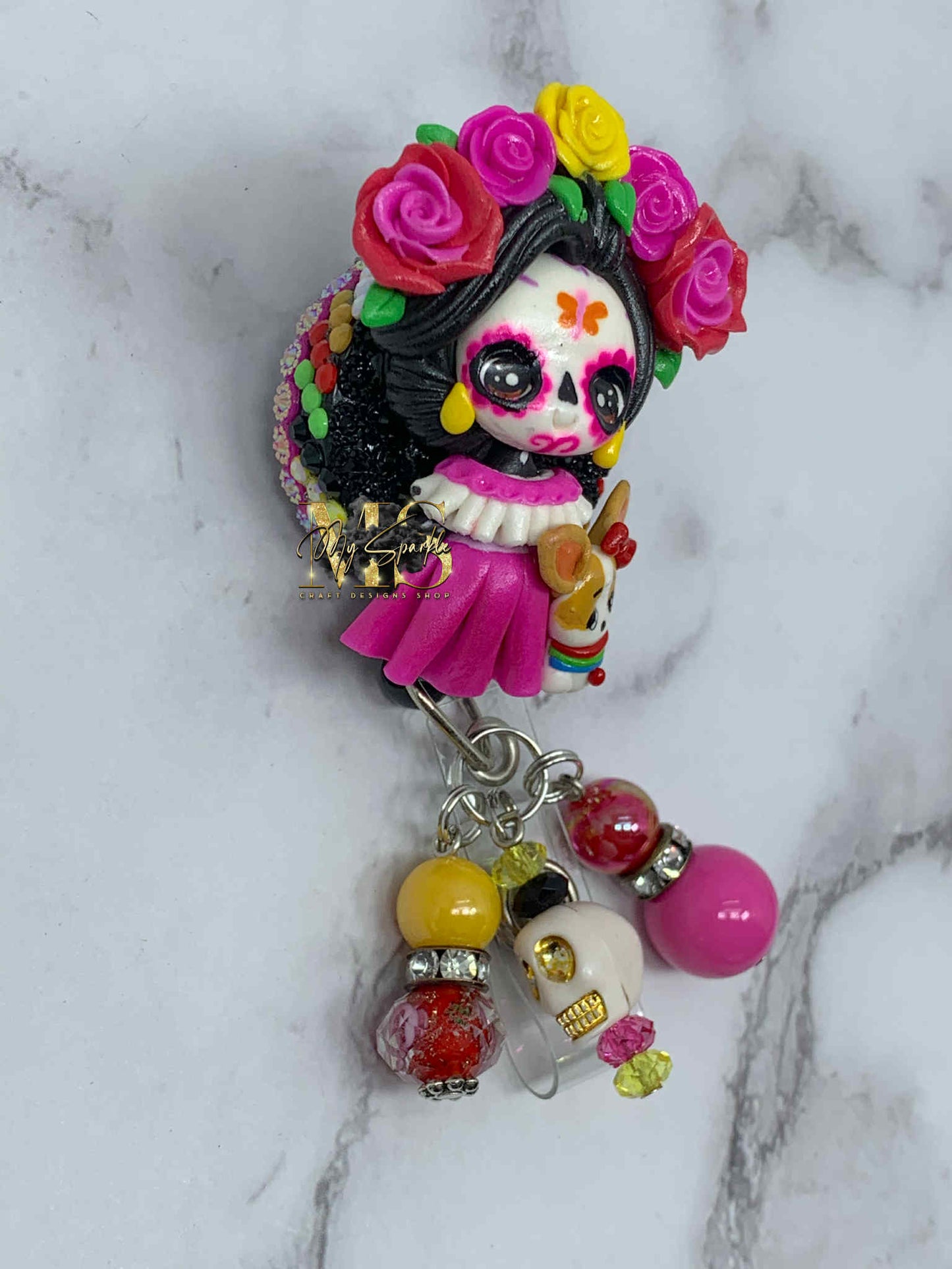 Dog Mom Skeleton Clay Badge Reel