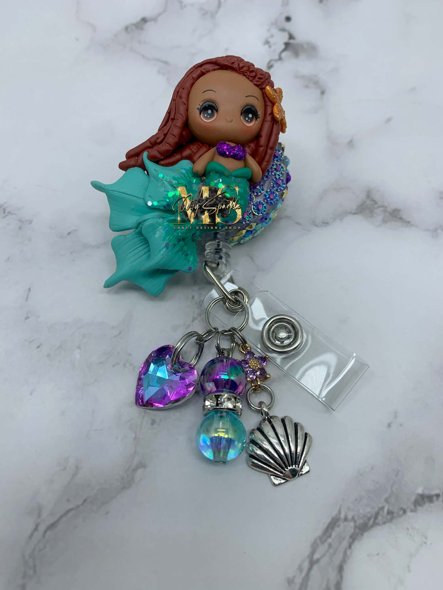 Black Girl Mermaid Clay Badge Reel