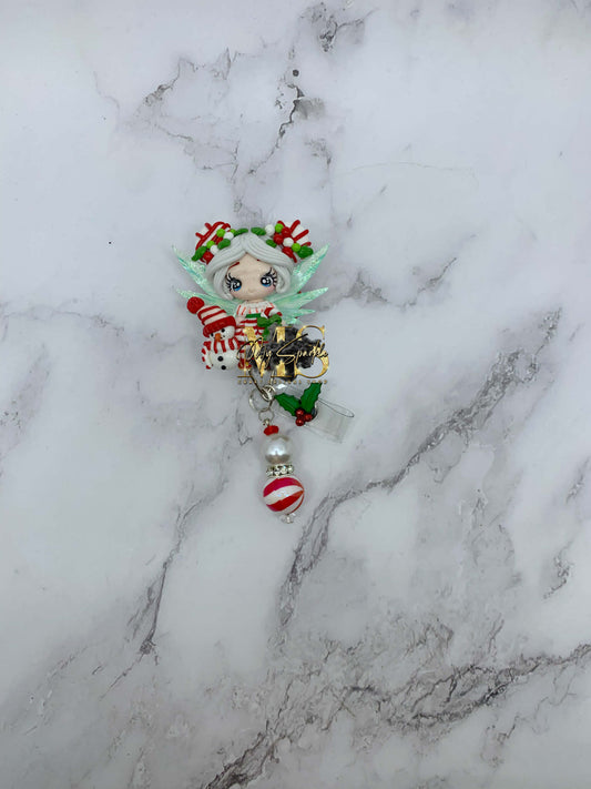 Christmas Girl Fairy W/ Snowman Badge Reel