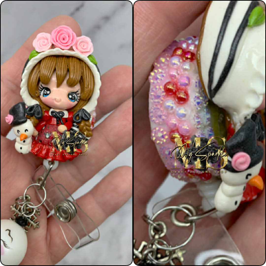 Victorian Girl W/Snowman Clay Badge Reel