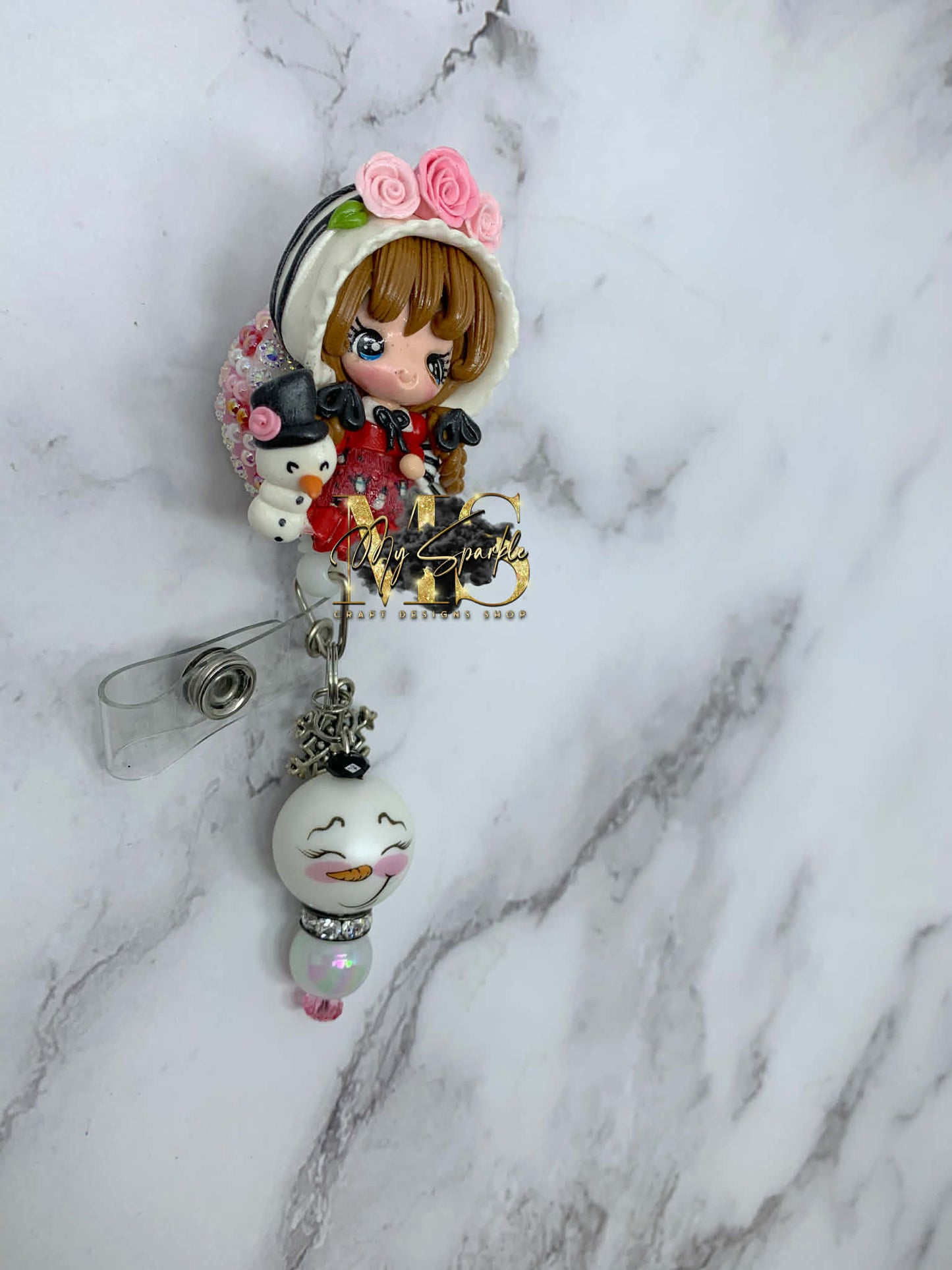 Victorian Girl W/Snowman Clay Badge Reel