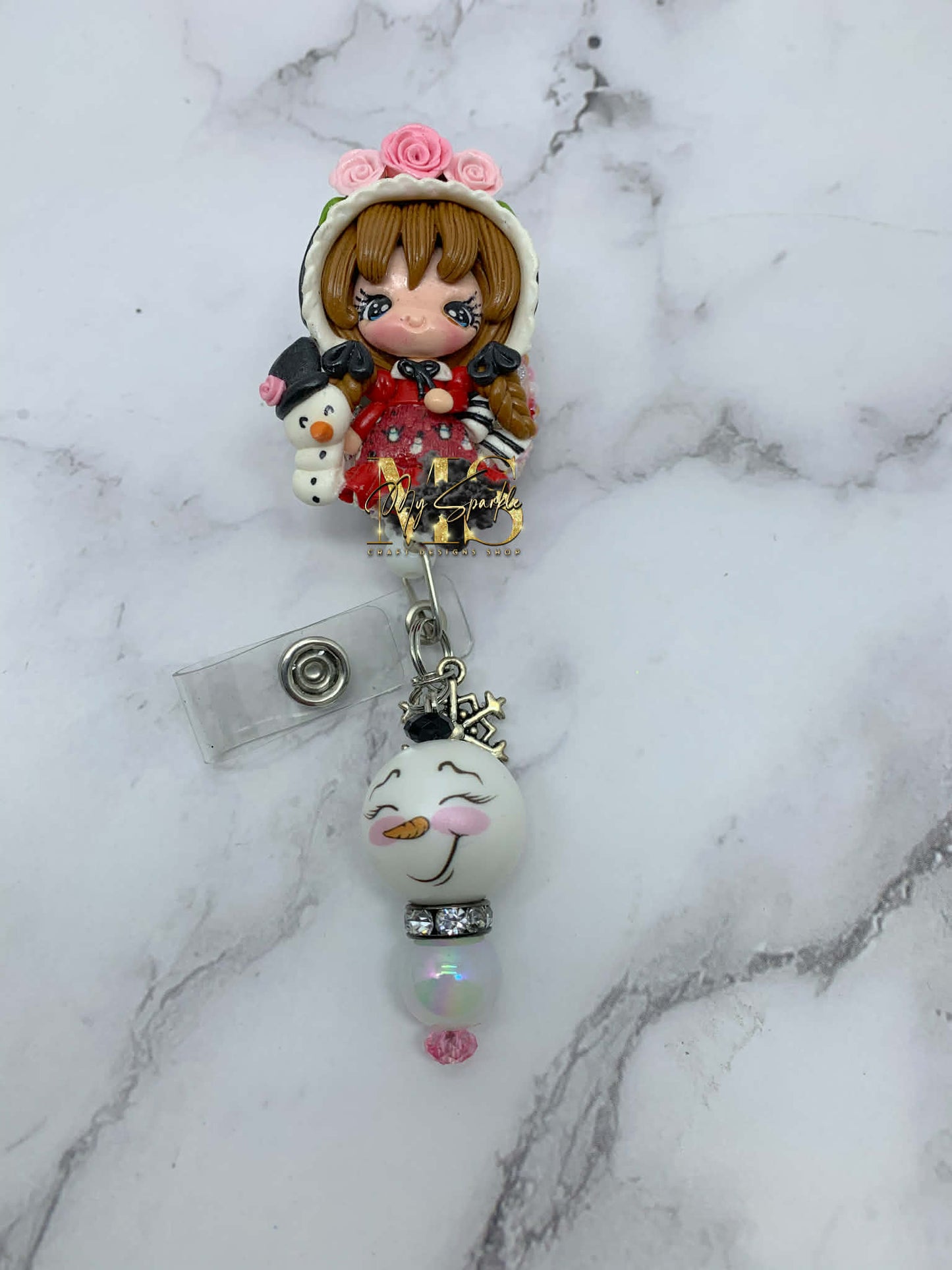 Victorian Girl W/Snowman Clay Badge Reel