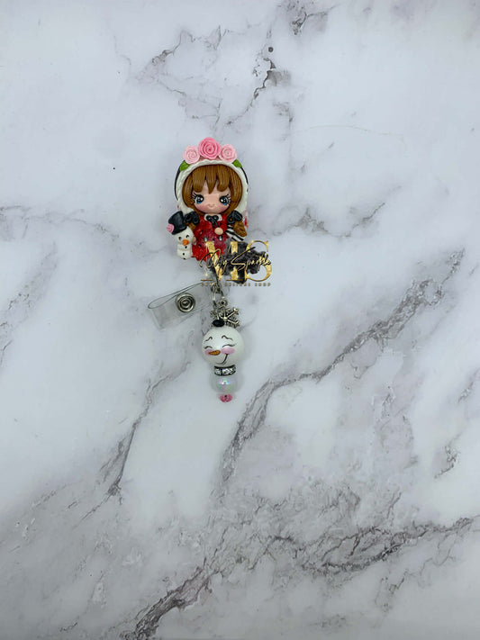 Victorian Girl W/Snowman Clay Badge Reel