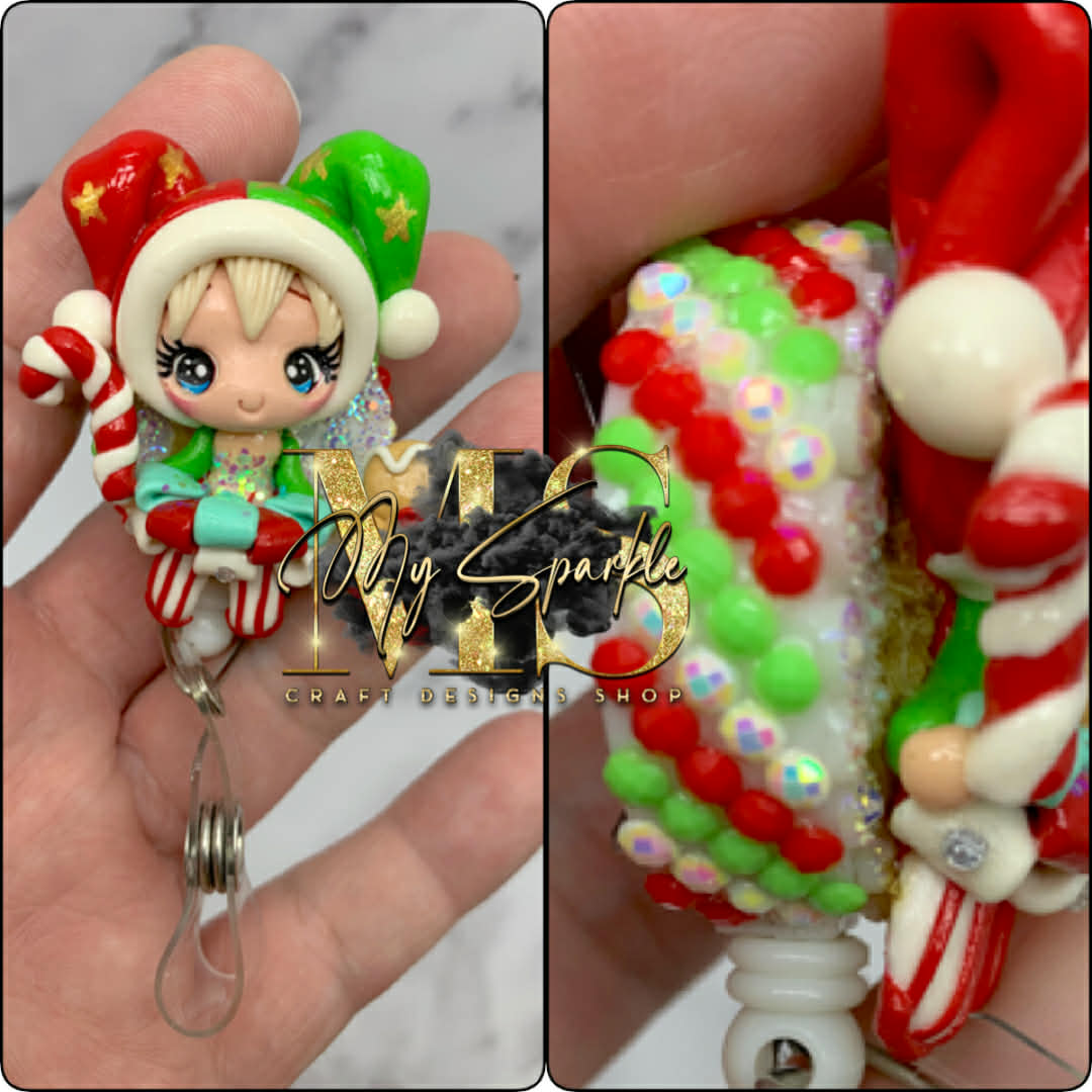 Elf Girl W/ Gingerbread Clay Badge Reel