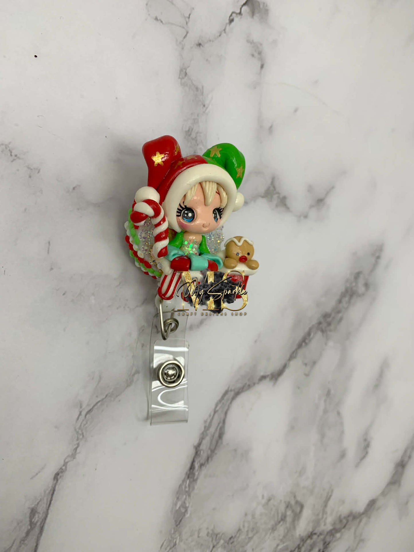 Elf Girl W/ Gingerbread Clay Badge Reel