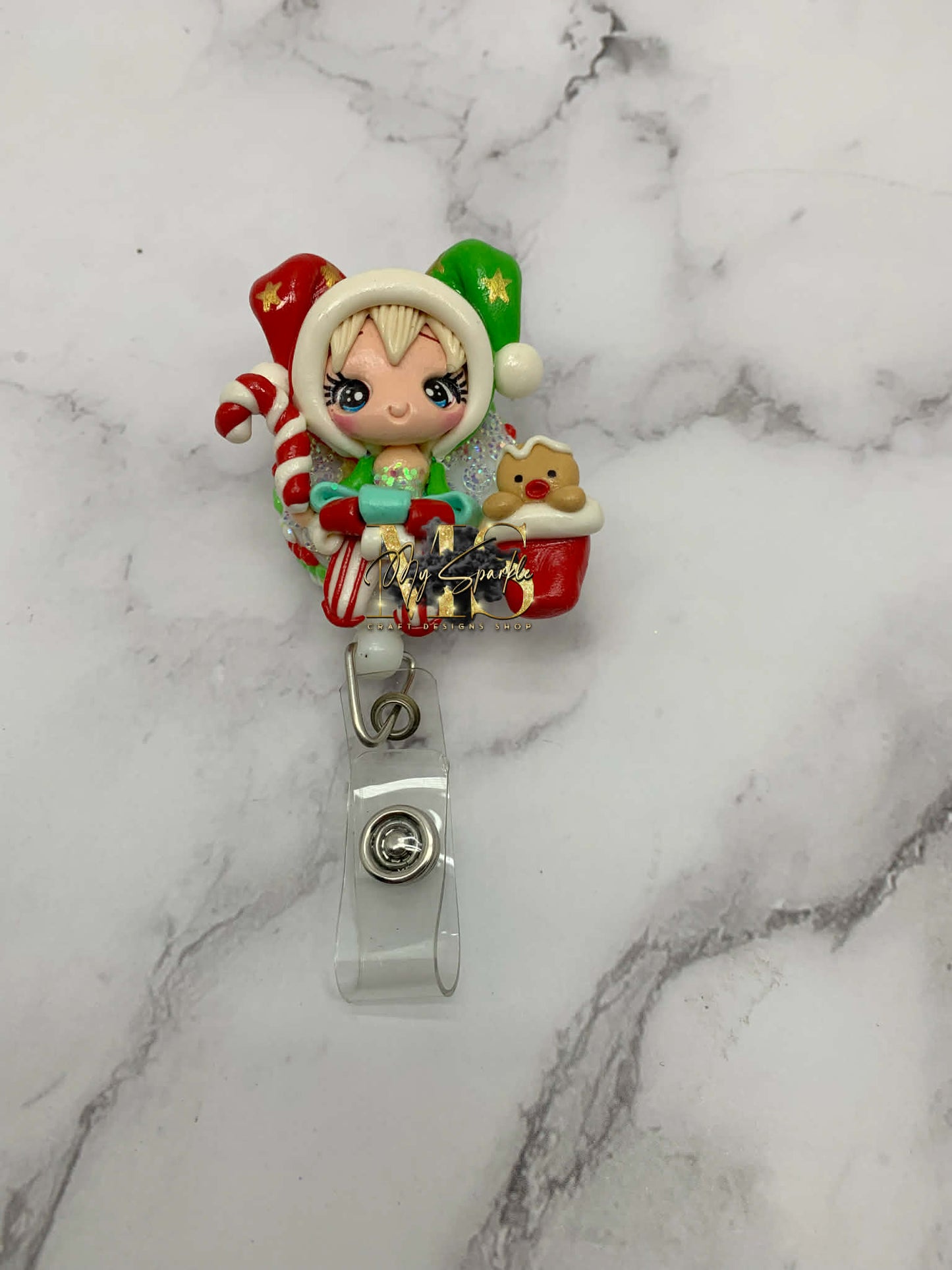 Elf Girl W/ Gingerbread Clay Badge Reel