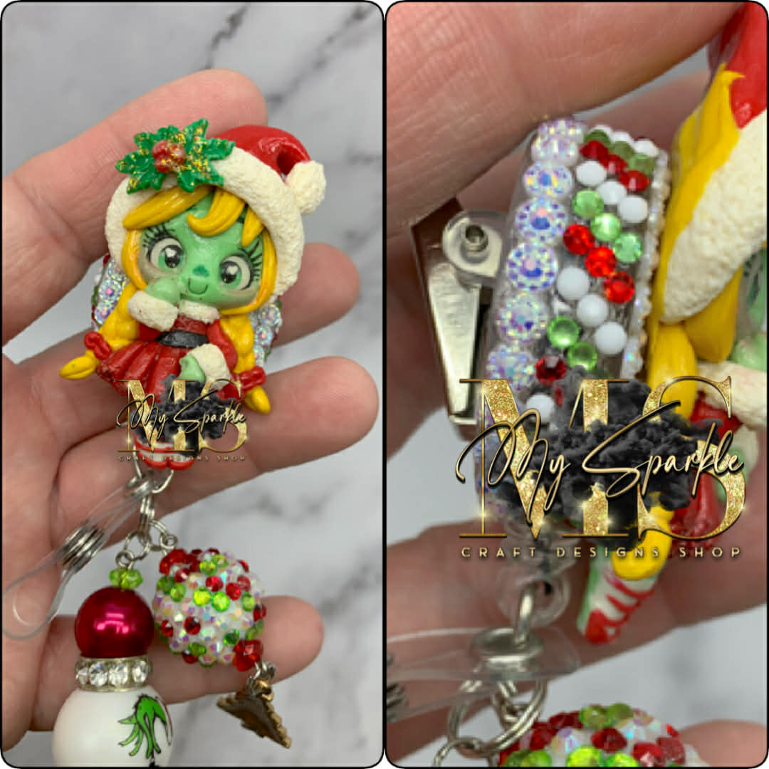 Christmas Green Girl Monster Clay Badge Reel