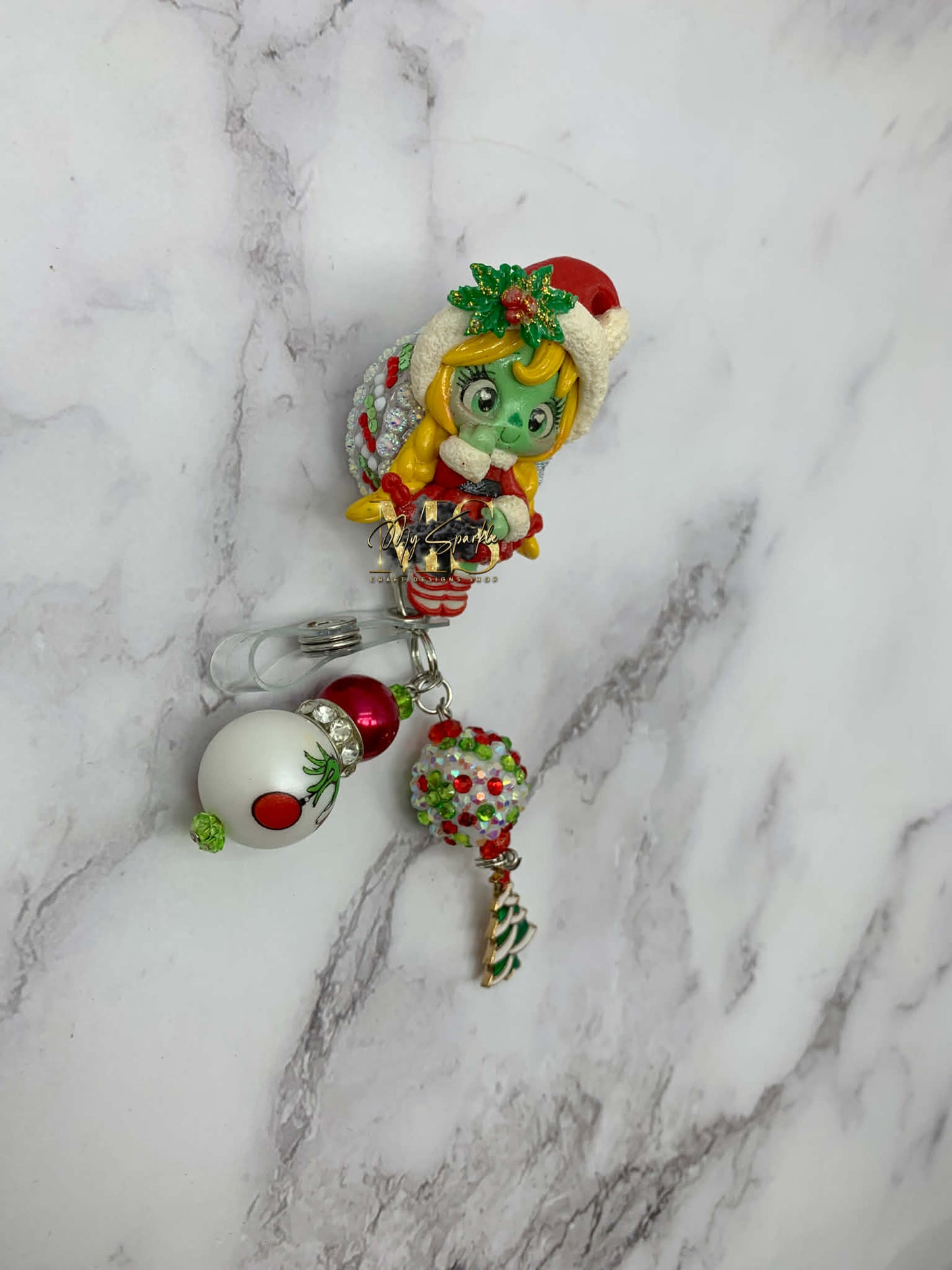Christmas Green Girl Monster Clay Badge Reel
