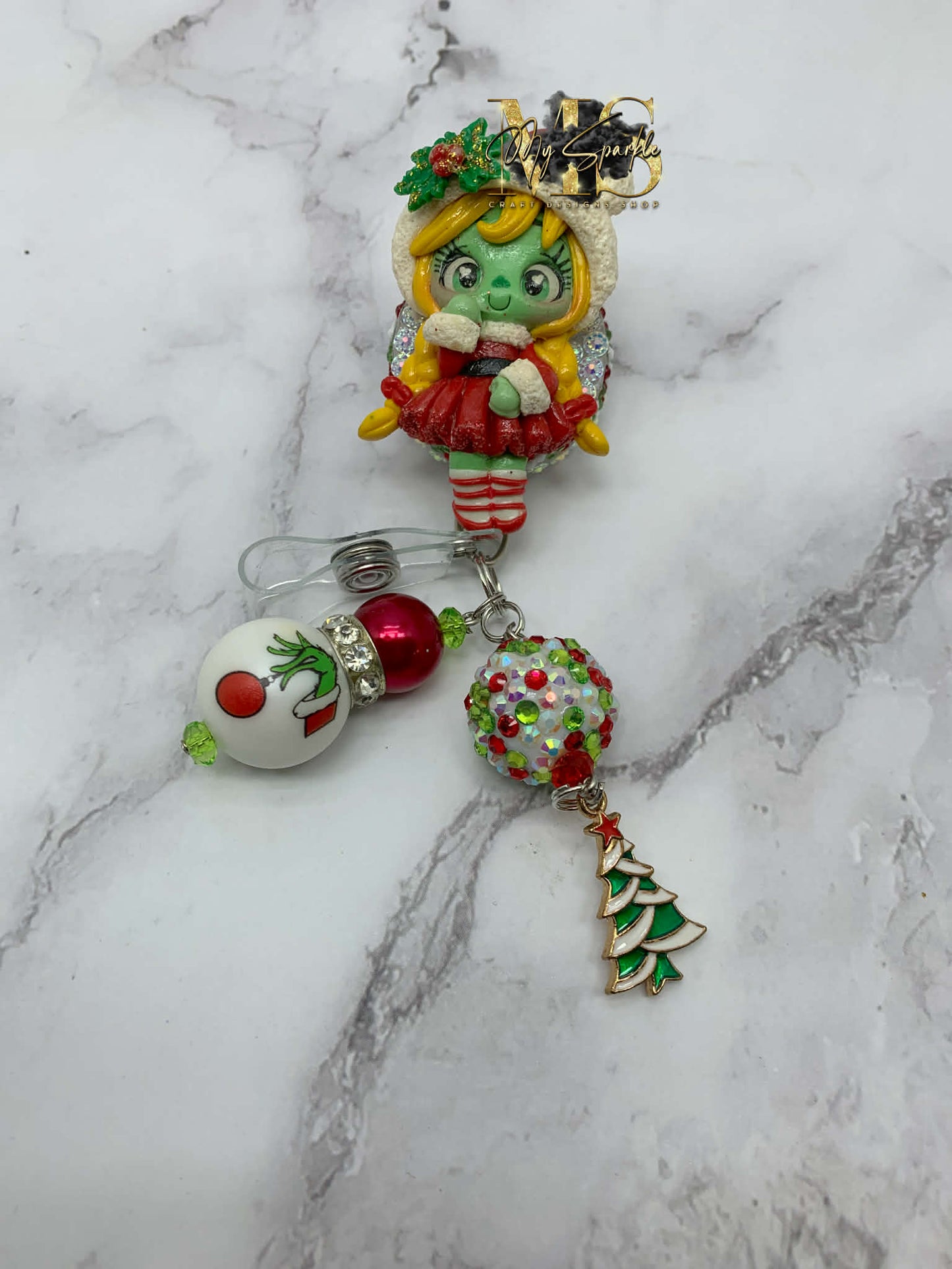 Christmas Green Girl Monster Clay Badge Reel