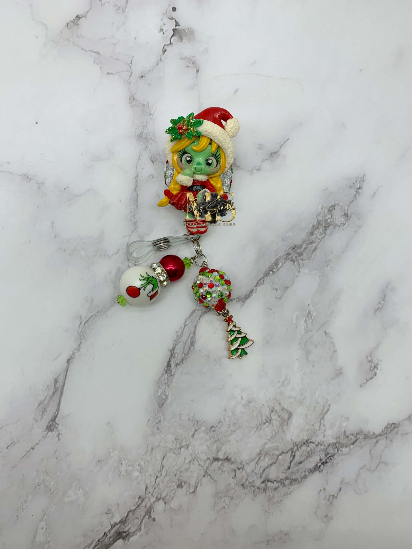 Christmas Green Girl Monster Clay Badge Reel
