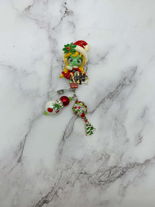 Christmas Green Girl Monster Clay Badge Reel