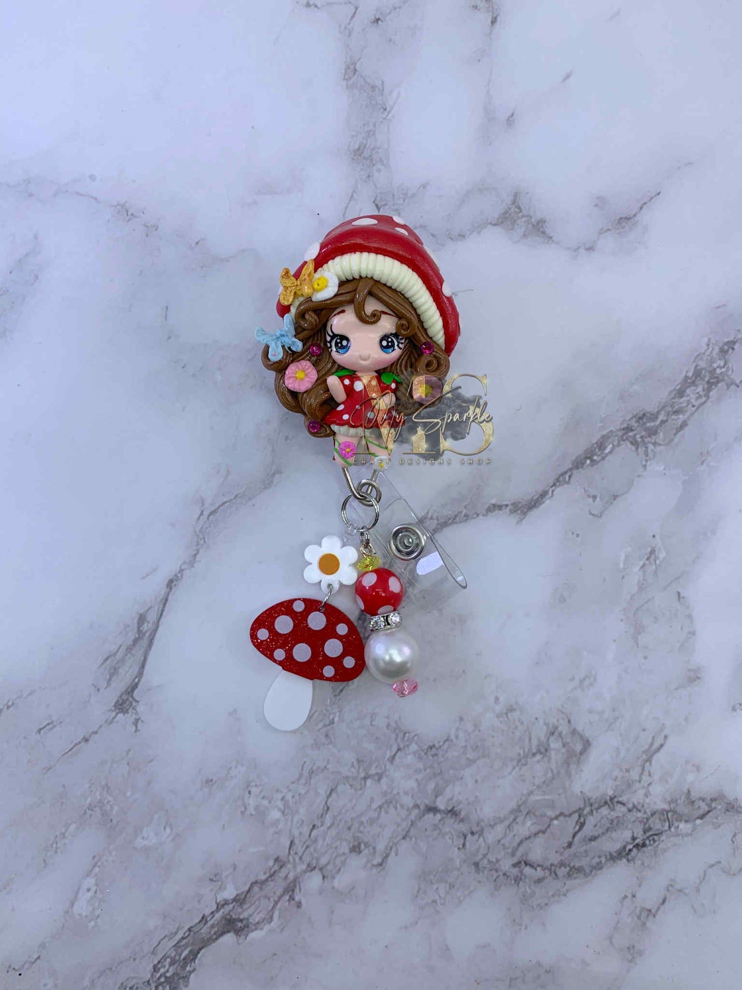 Cute Mushroom Girl Clay Badge Reel