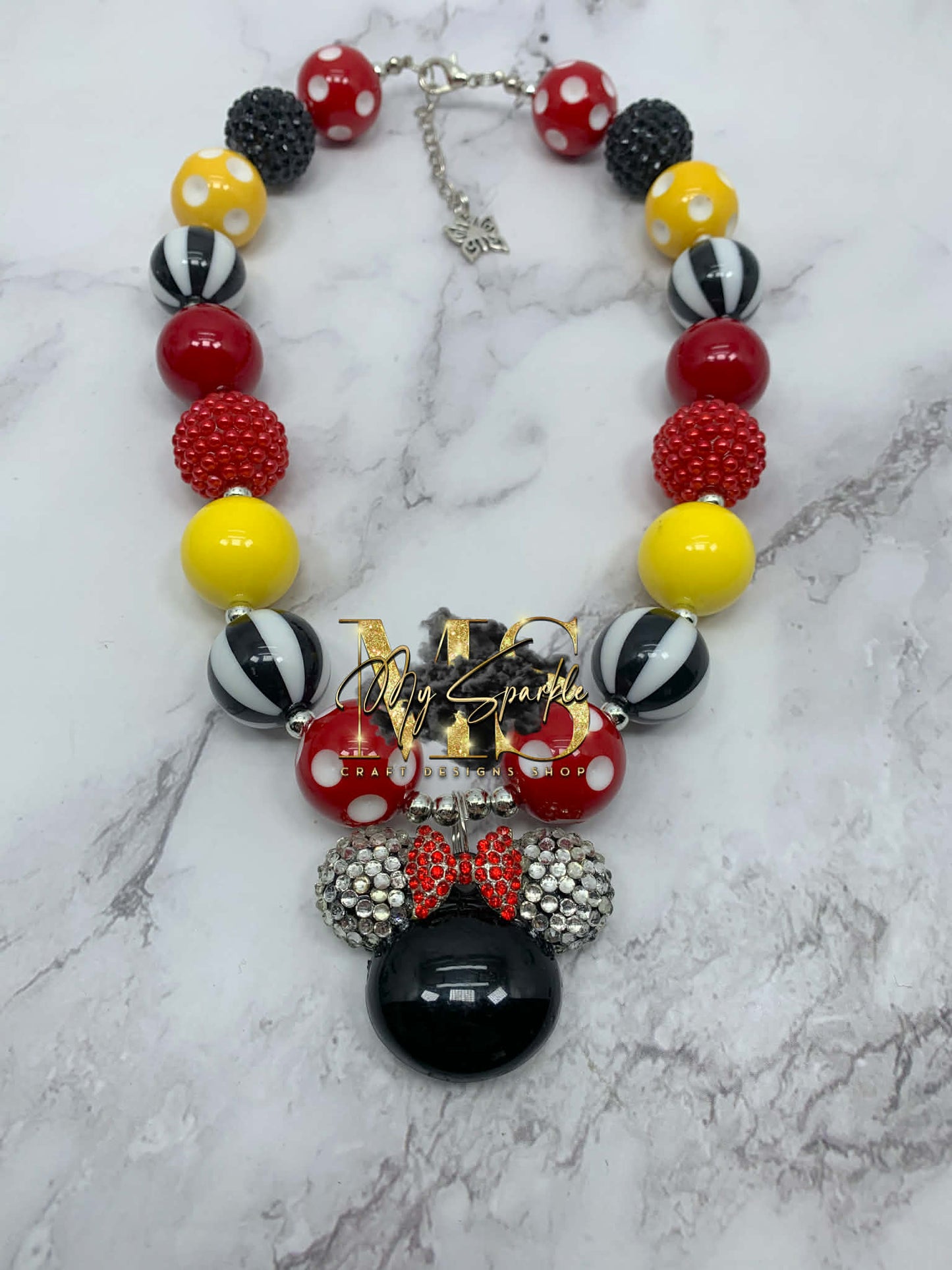 Black Mouse Rhinestone Chunky Bubblegum Necklace