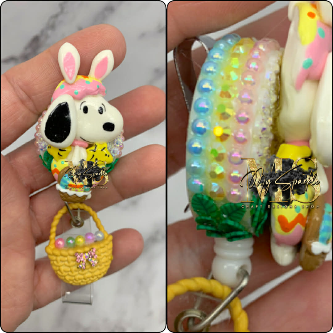 Easter Bunny Dog W/ Birds Clay Badge Reel