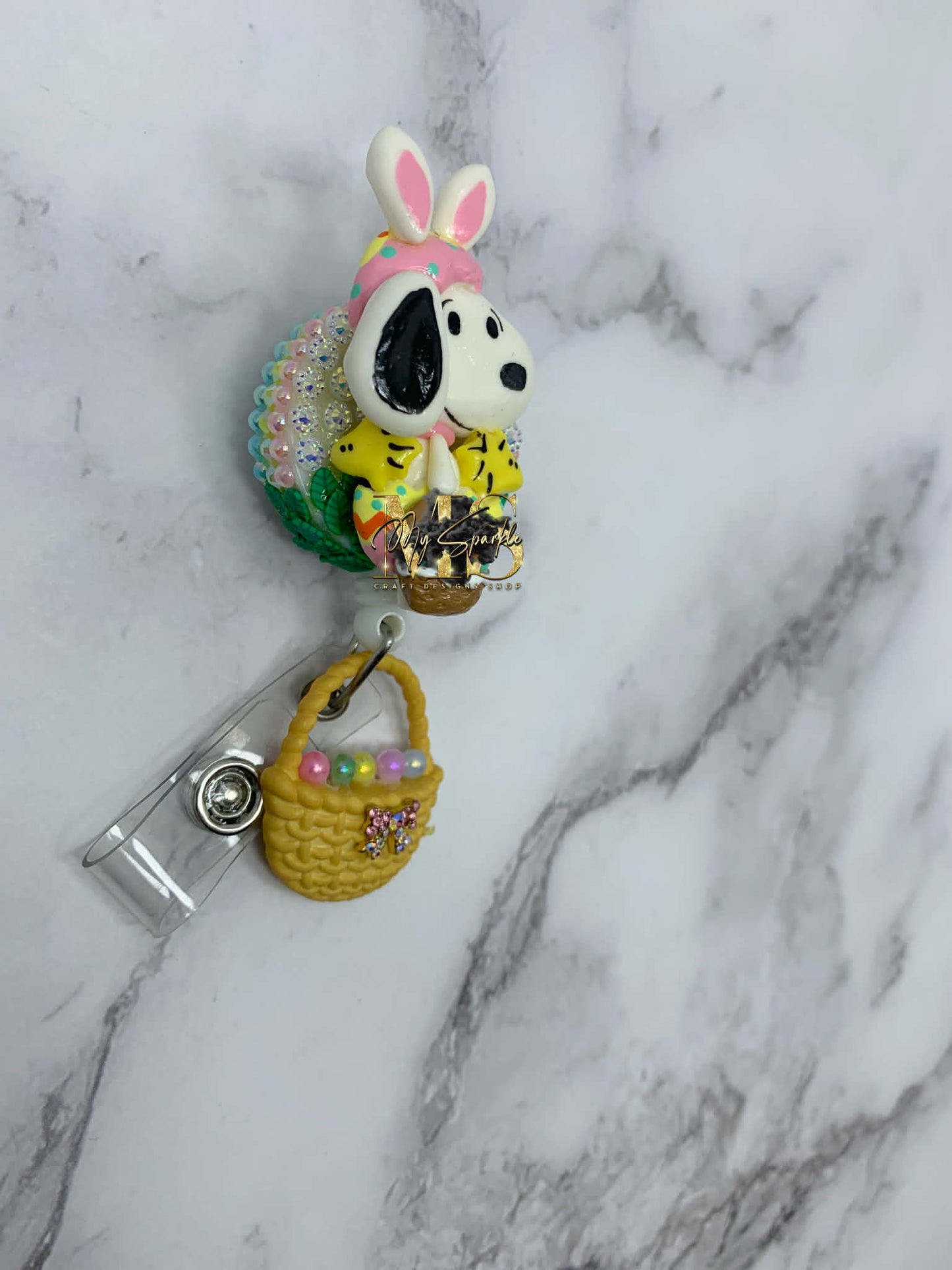 Easter Bunny Dog W/ Birds Clay Badge Reel