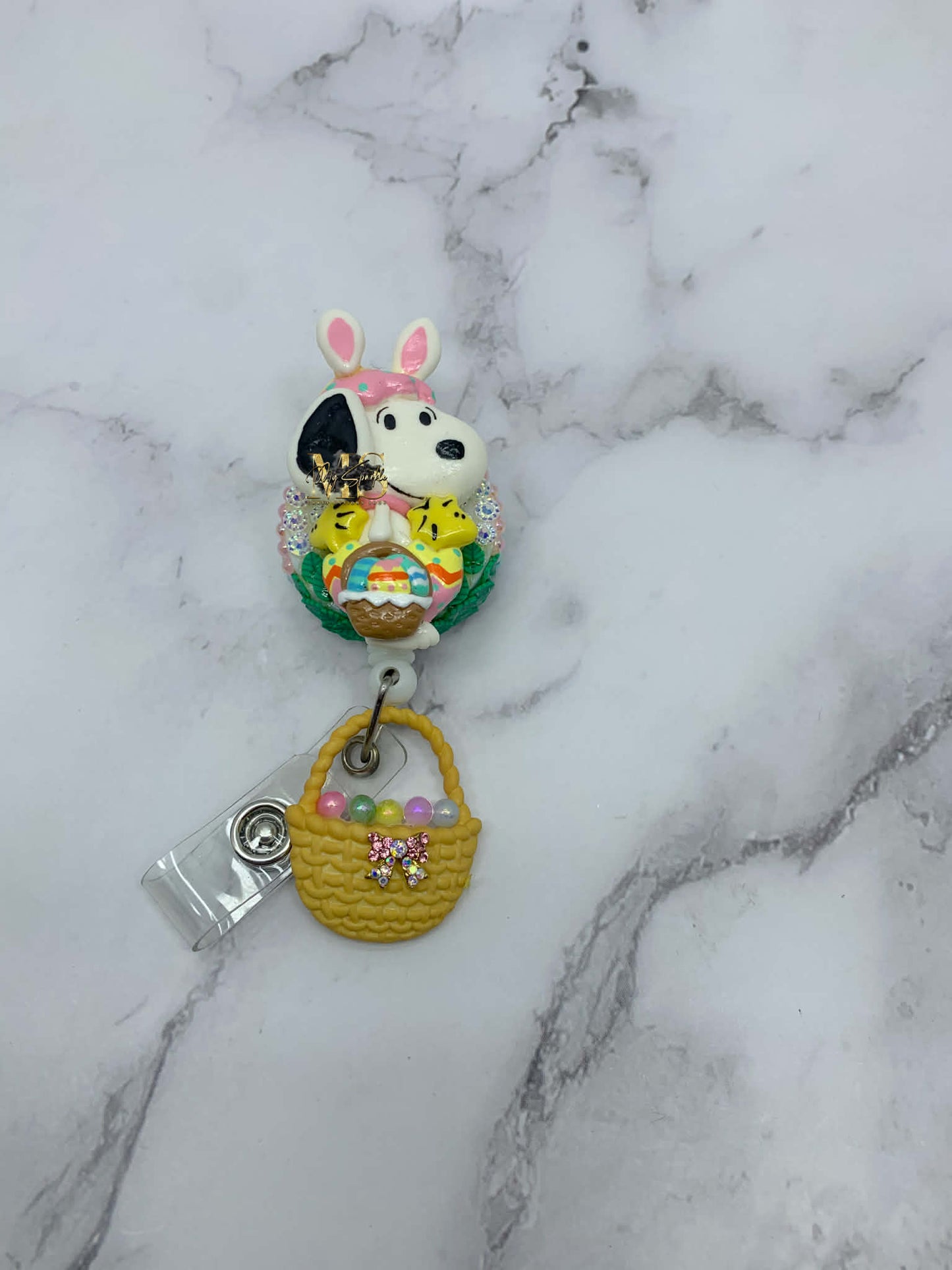 Easter Bunny Dog W/ Birds Clay Badge Reel