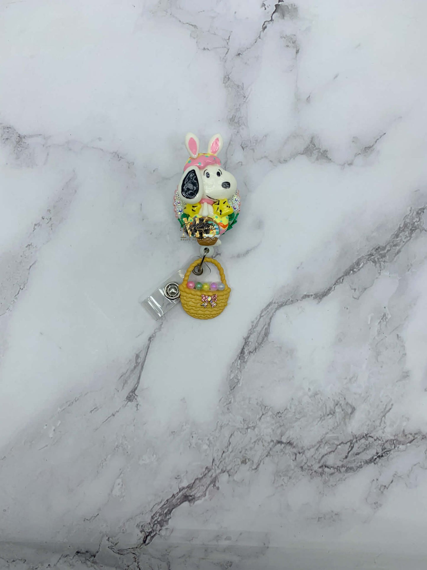 Easter Bunny Dog W/ Birds Clay Badge Reel