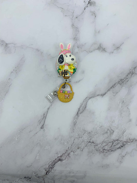 Easter Bunny Dog W/ Birds Clay Badge Reel
