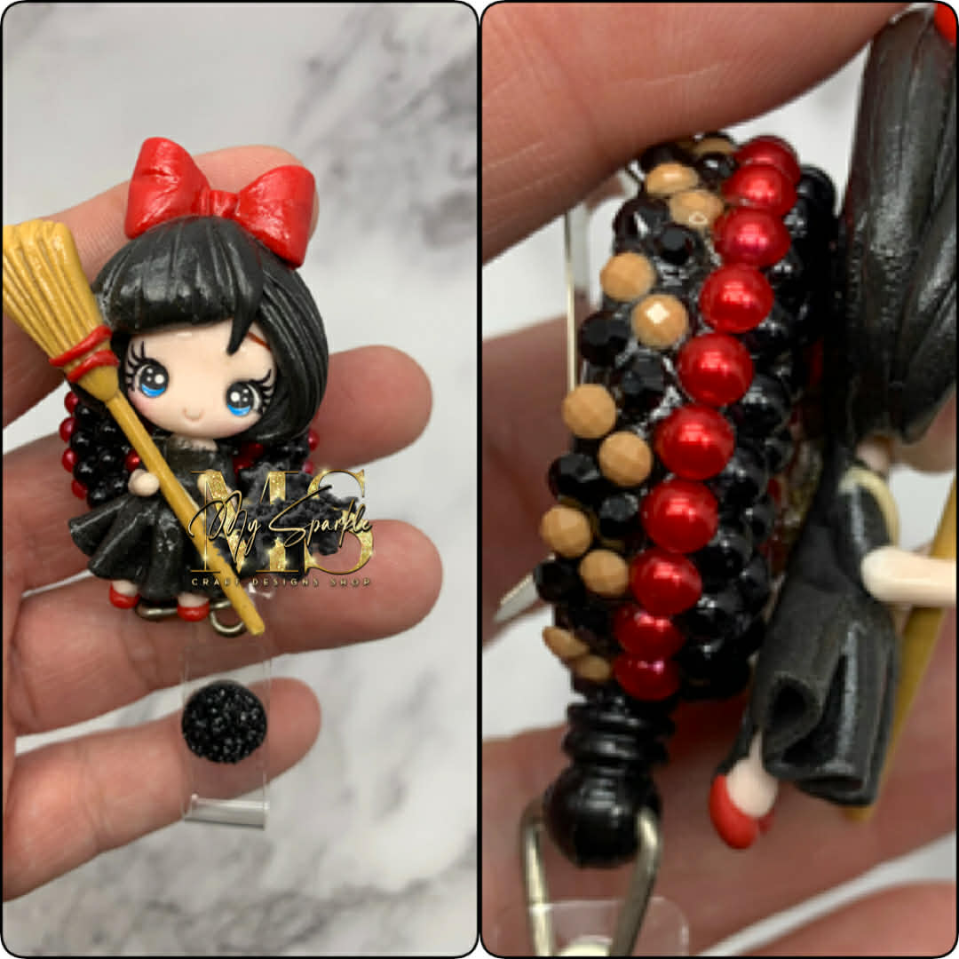 Kawaii Witch and Black Cat Clay Badge Reel