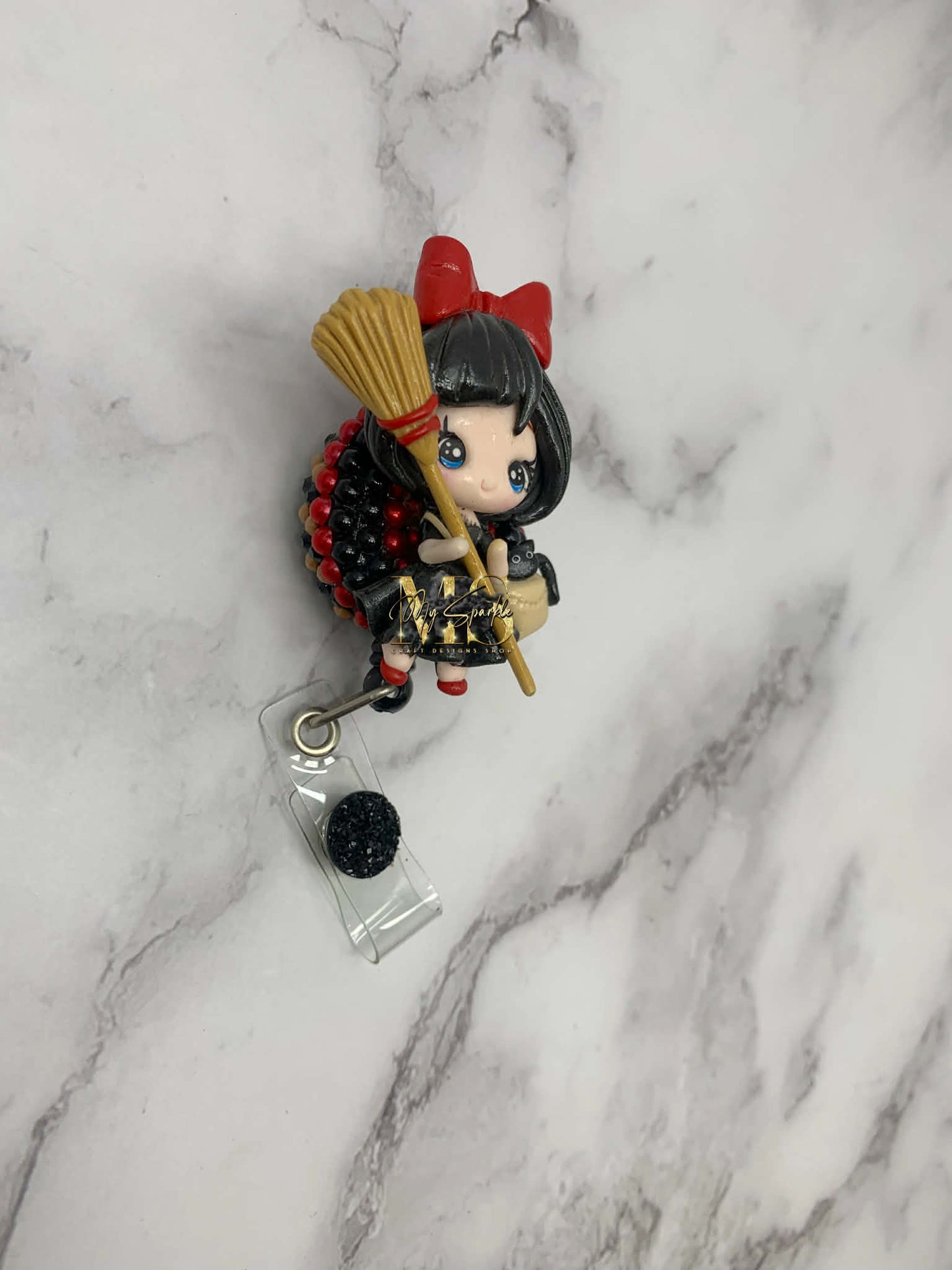 Kawaii Witch and Black Cat Clay Badge Reel