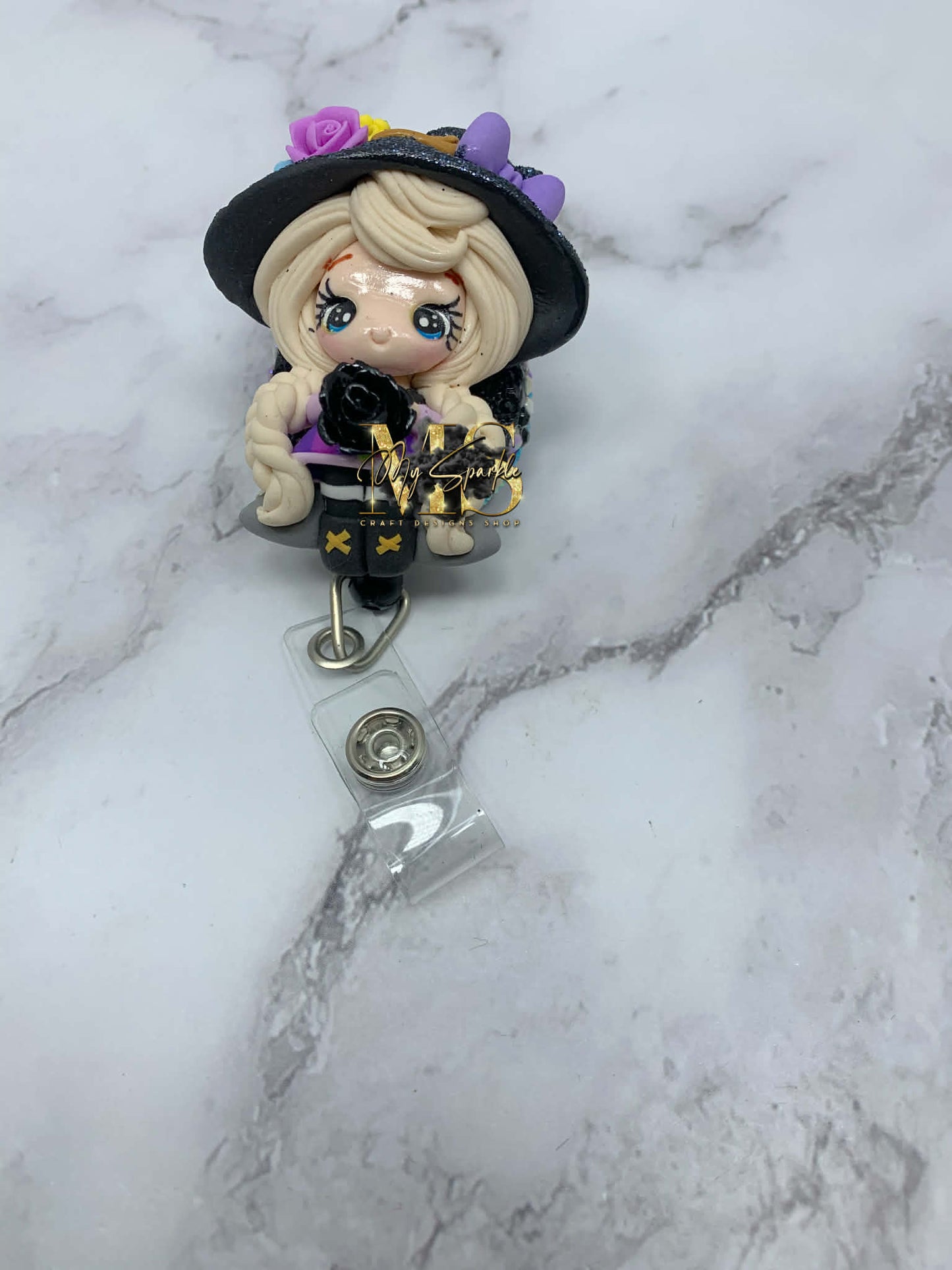 Witch W/Black Rose Clay Badge Reel