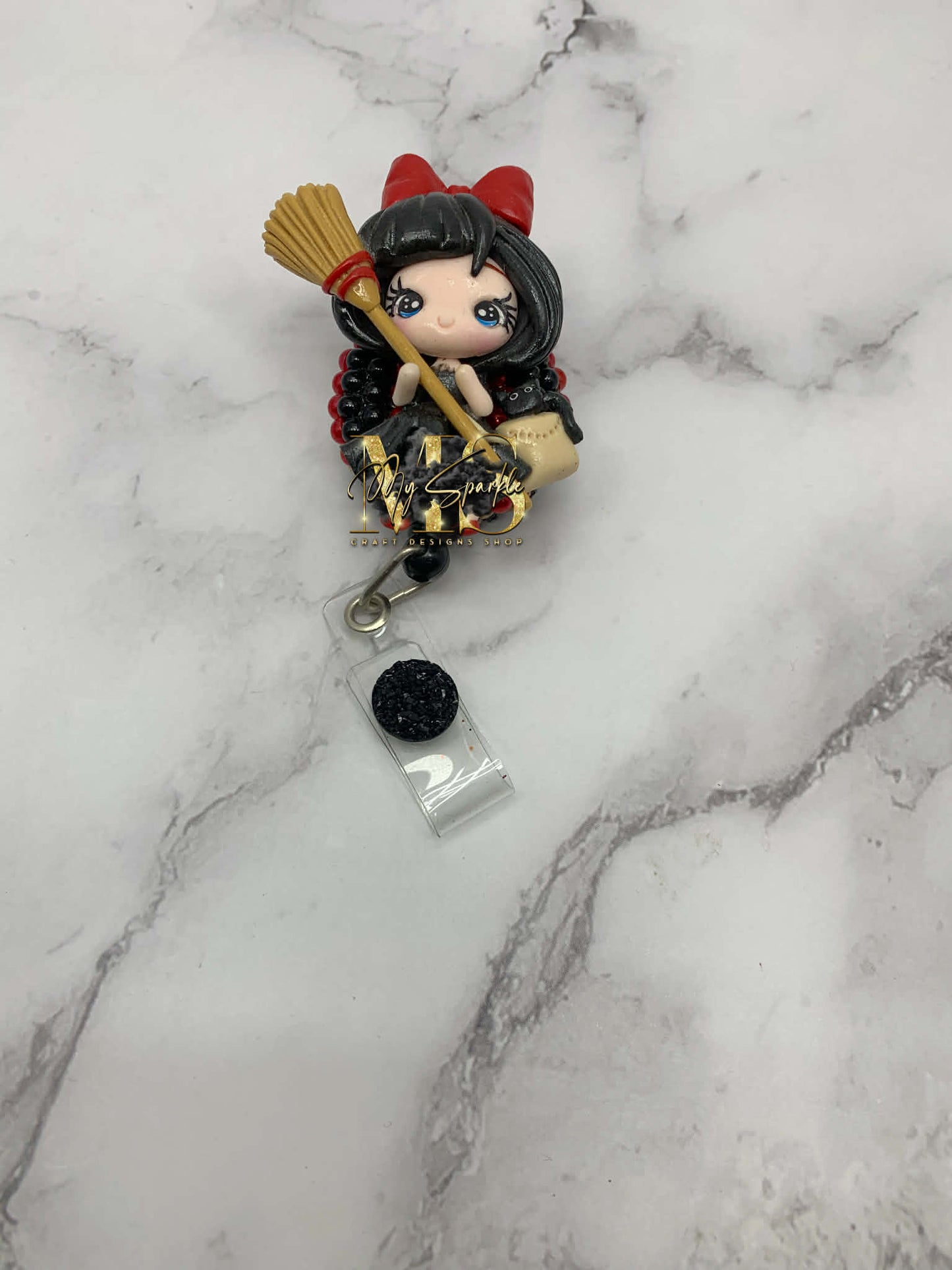 Kawaii Witch and Black Cat Clay Badge Reel