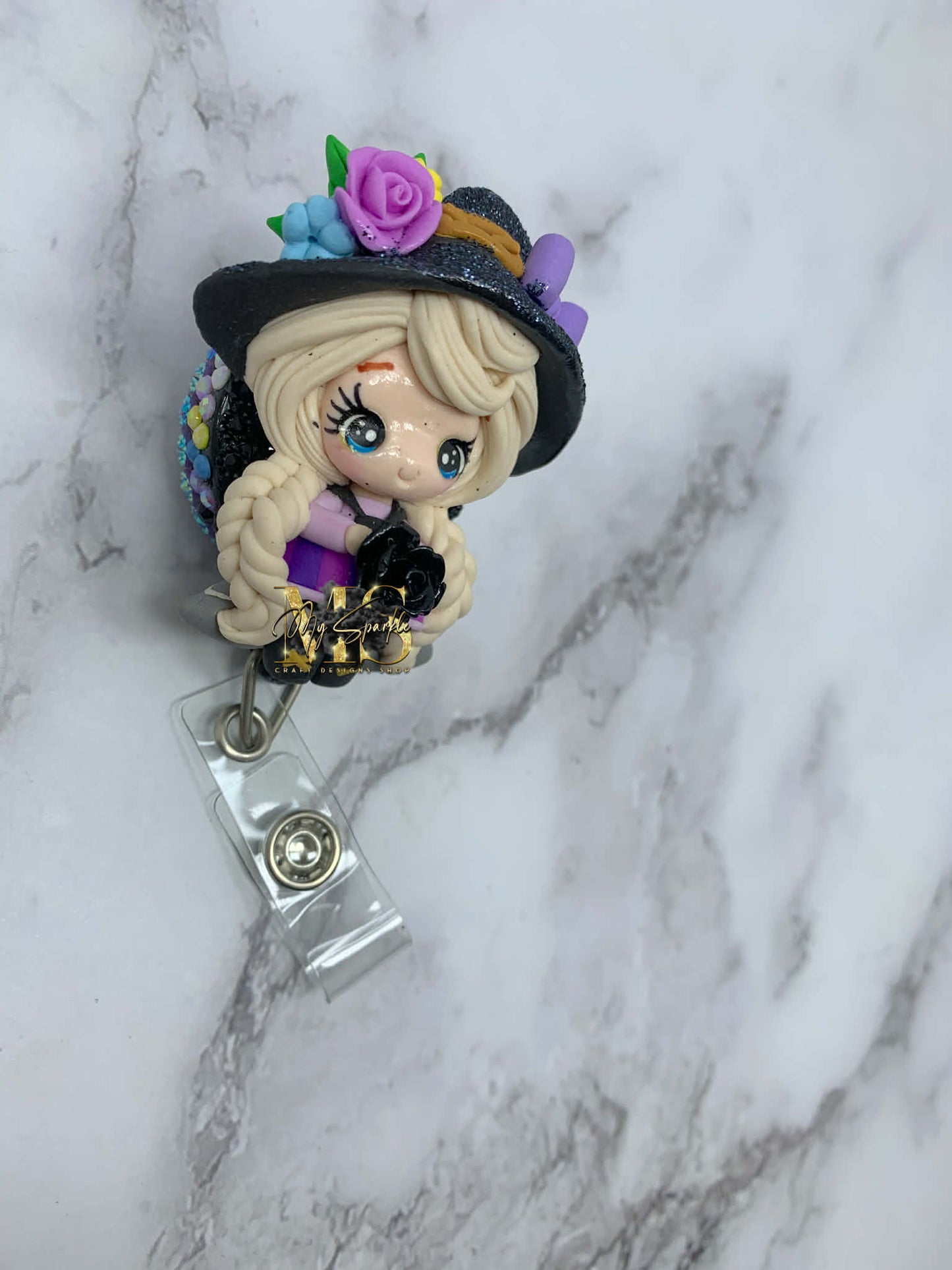 Witch W/Black Rose Clay Badge Reel