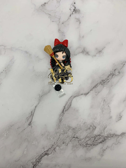 Kawaii Witch and Black Cat Clay Badge Reel