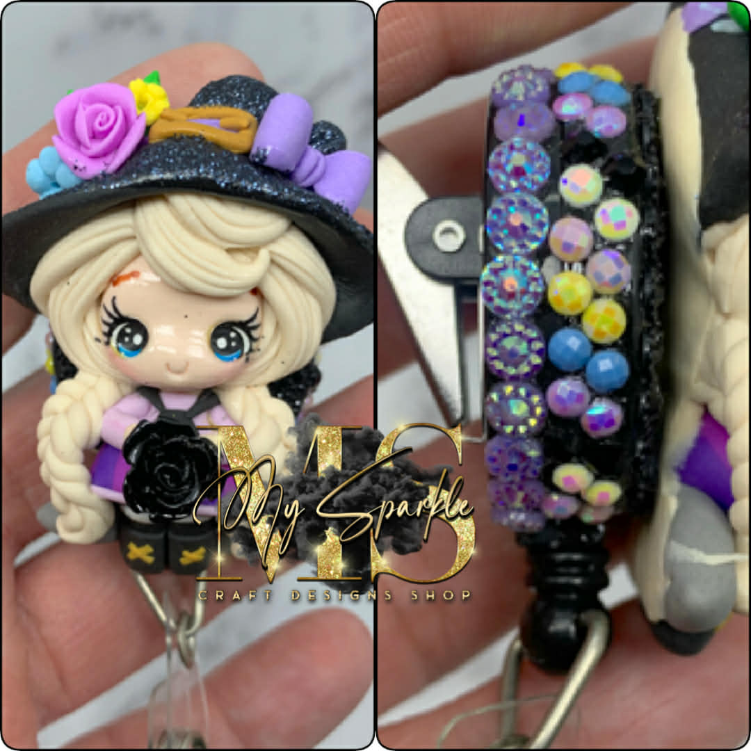 Witch W/Black Rose Clay Badge Reel