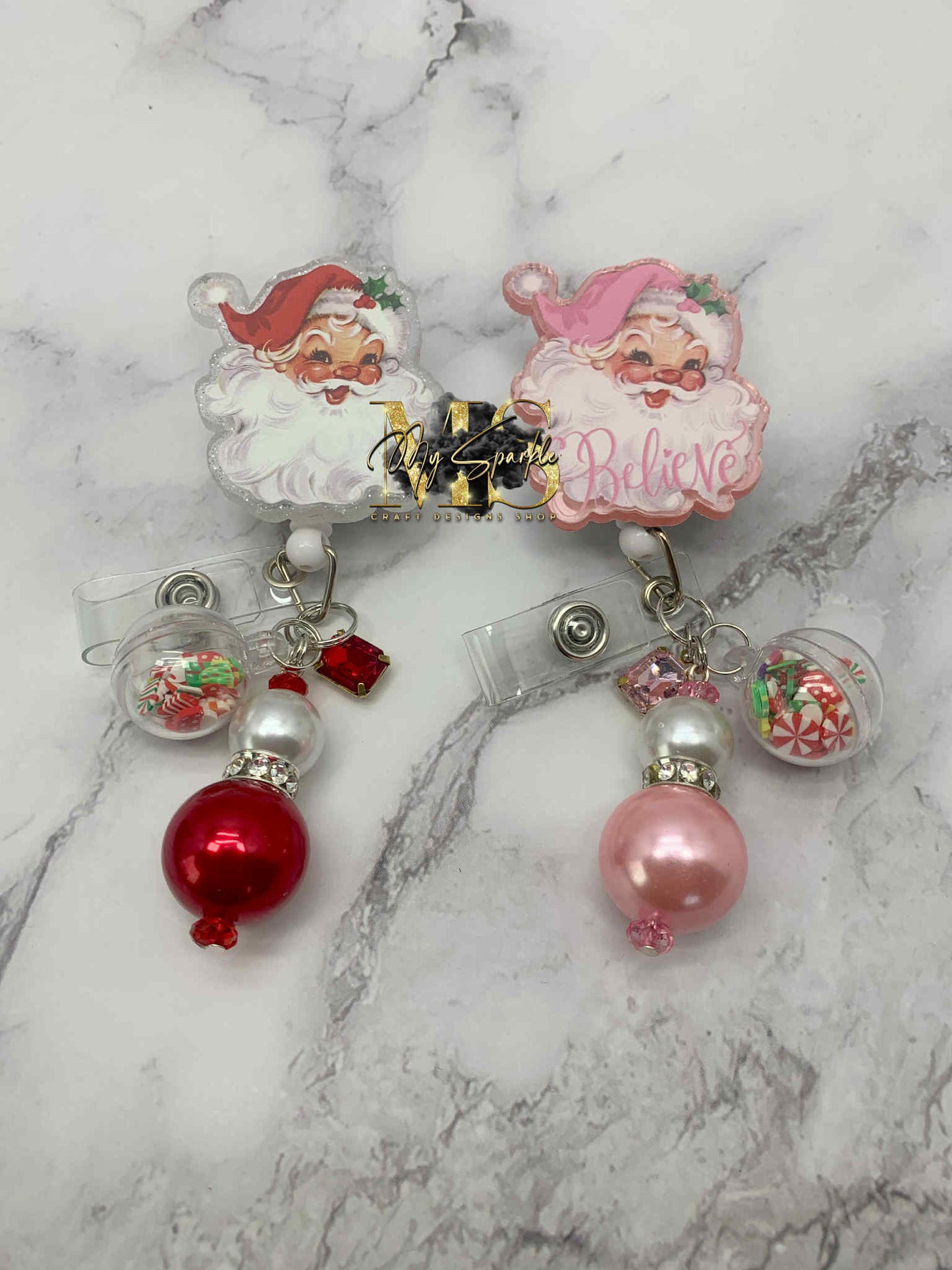 Pink or Red Vintage Santa Badge Reel