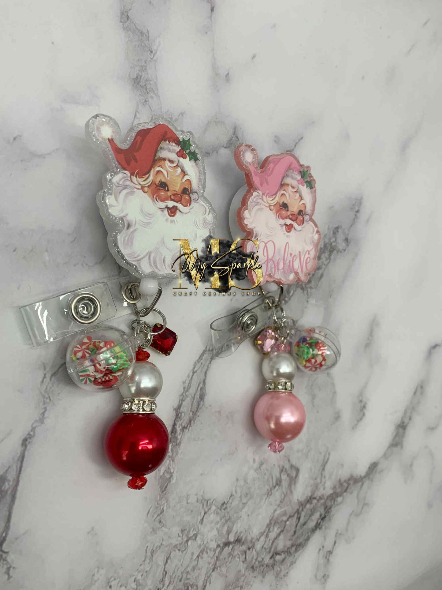 Pink or Red Vintage Santa Badge Reel