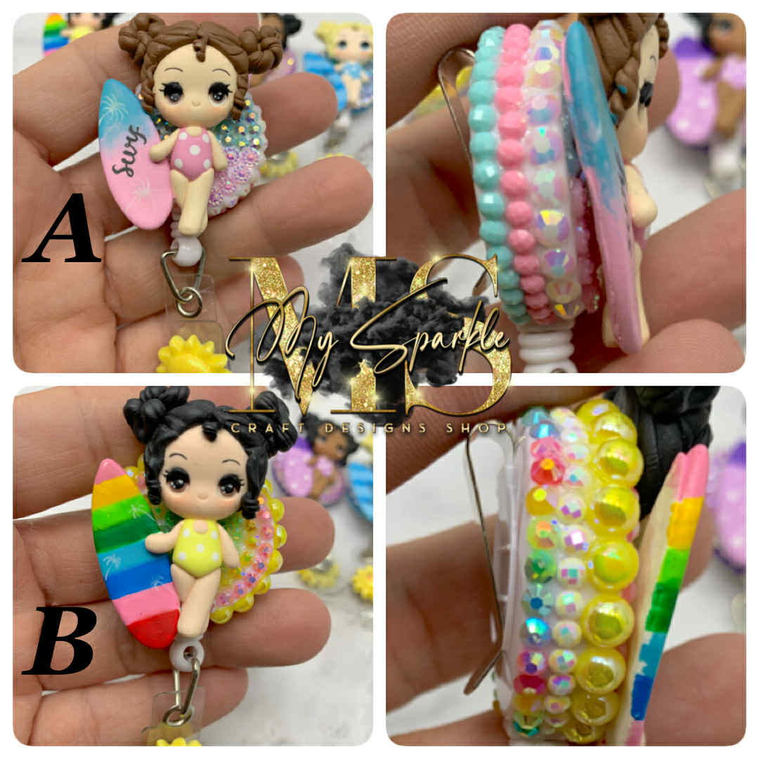 Beach Surfer Girl Clay Badge Reel