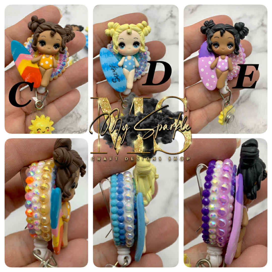 Beach Surfer Girl Clay Badge Reel