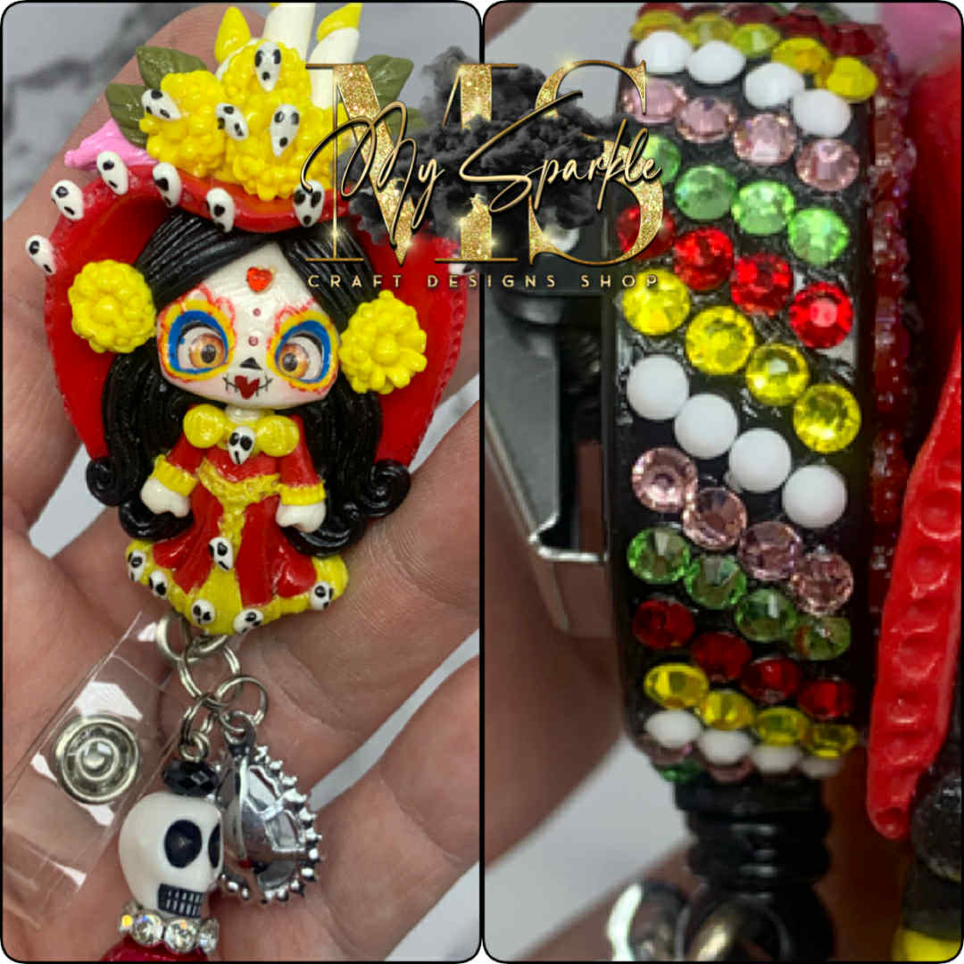 Day of the Dead Sugar Skull Clay Badge Reel