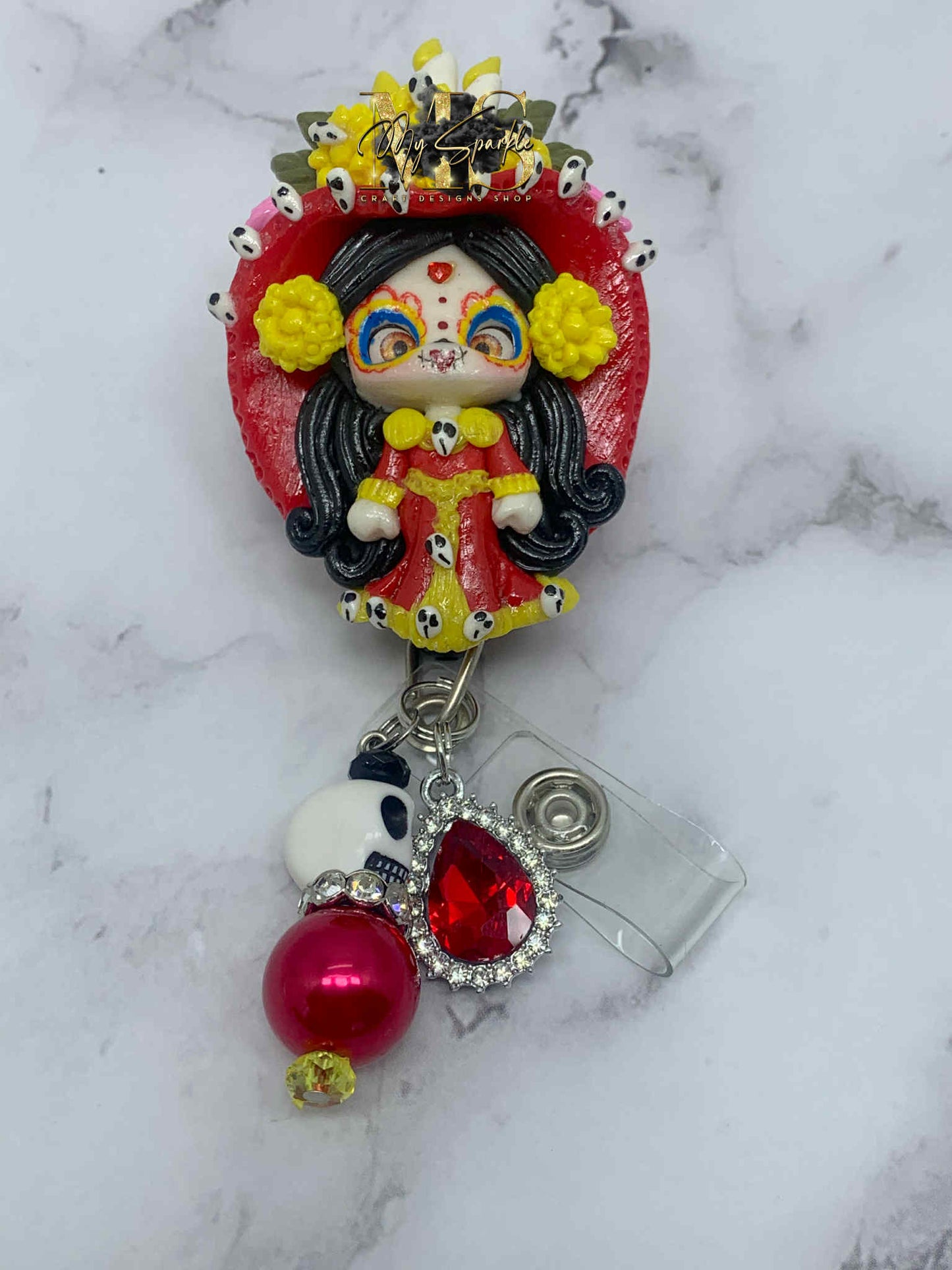 Day of the Dead Sugar Skull Clay Badge Reel