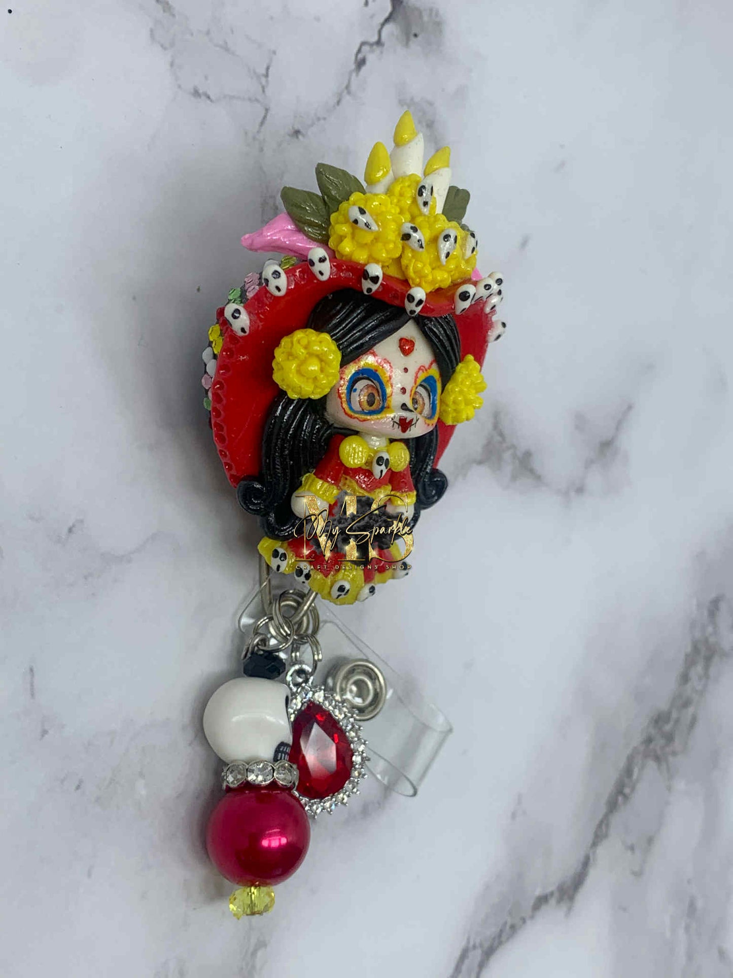 Day of the Dead Sugar Skull Clay Badge Reel