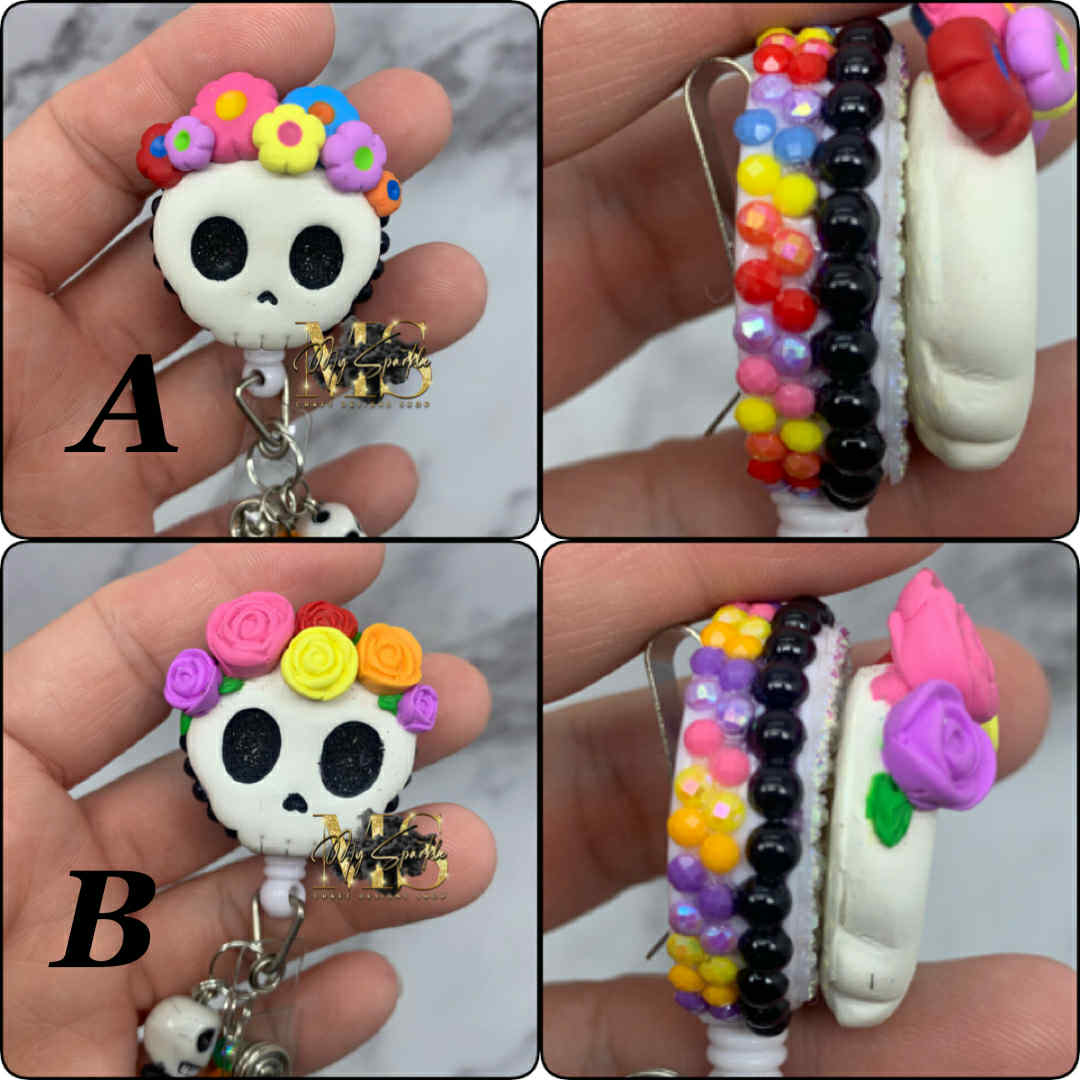 Sugar Skul Head Clay Badge Reel