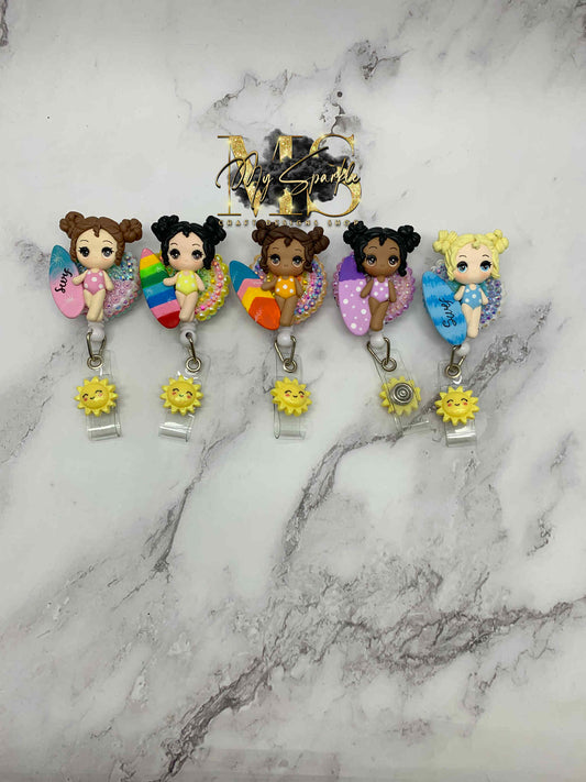 Beach Surfer Girl Clay Badge Reel