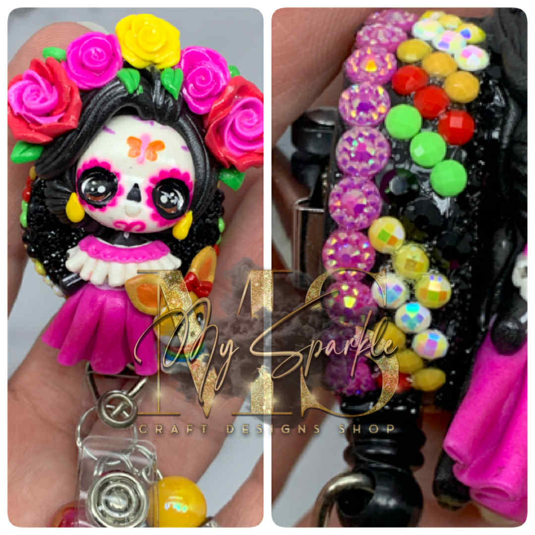 Dog Mom Skeleton Clay Badge Reel