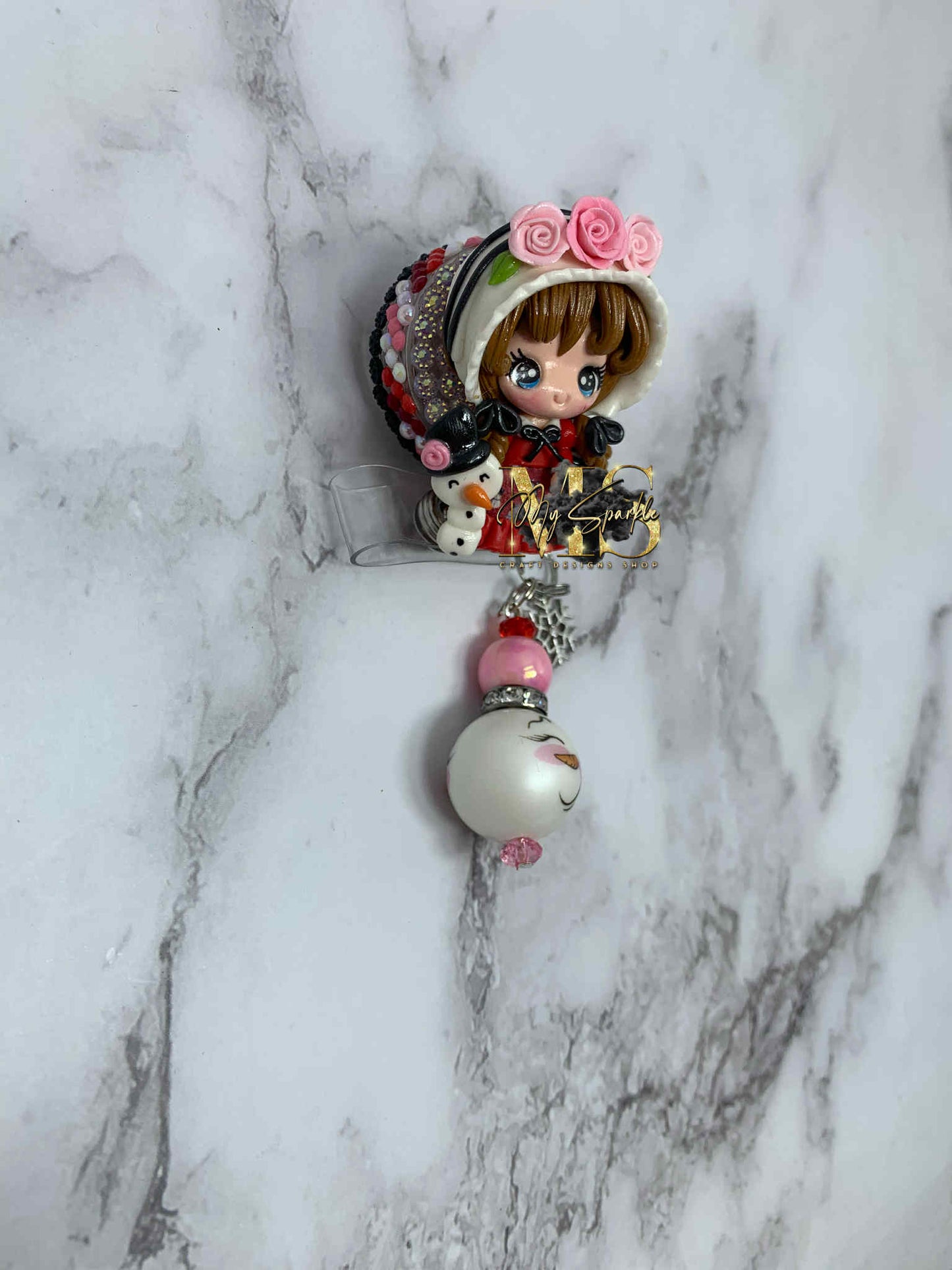 Victorian Girl Snowman Clay Badge Reel
