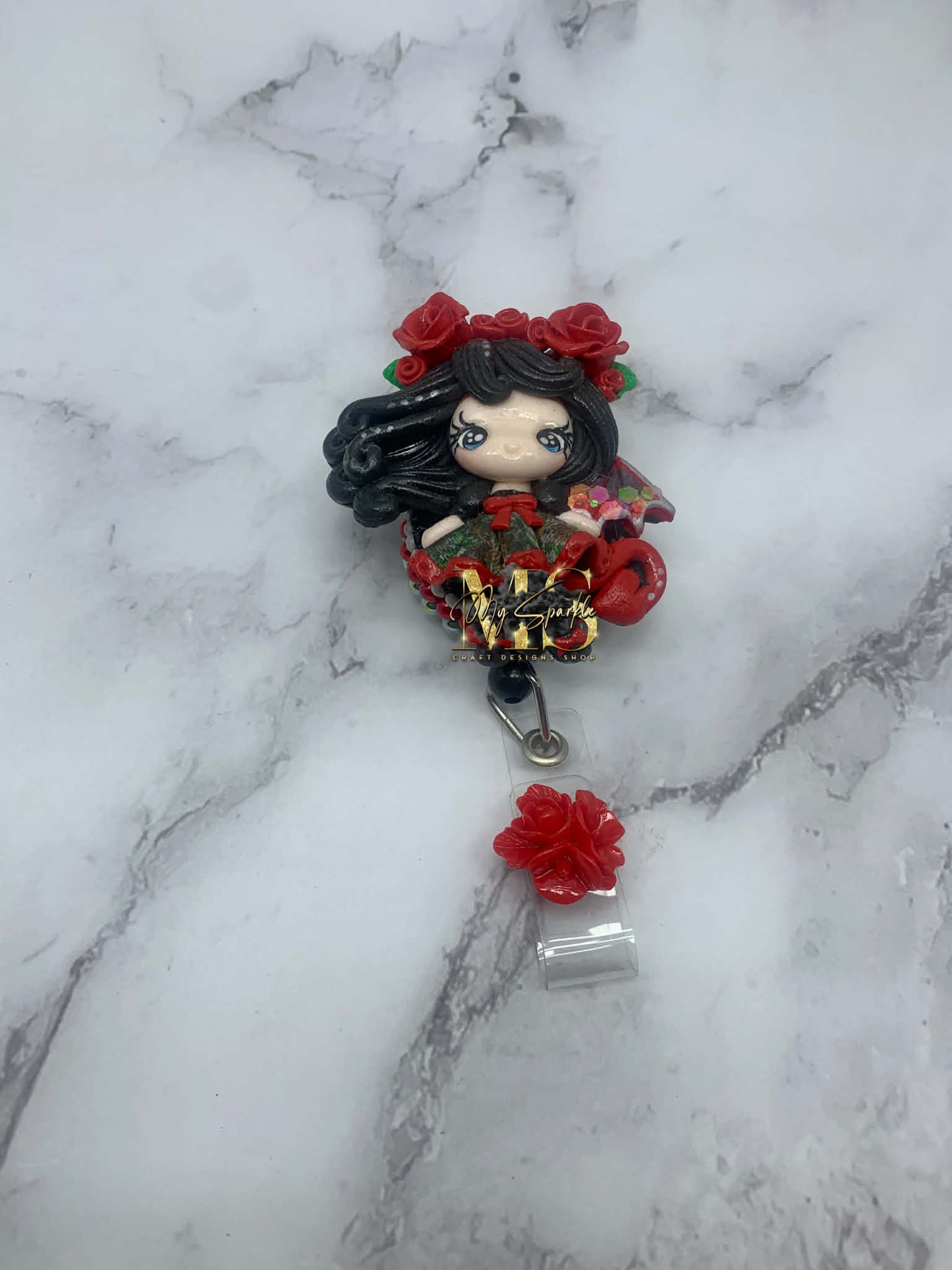 Girl Bat Wings Gothic Victorian Clay Badge Reel