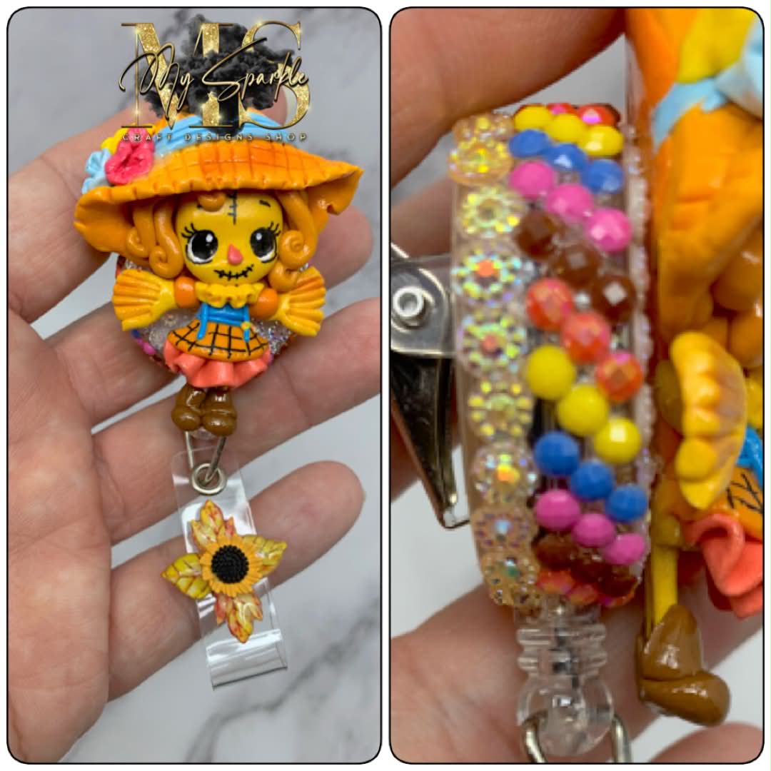 Scarecrow Girl Clay Badge Reel