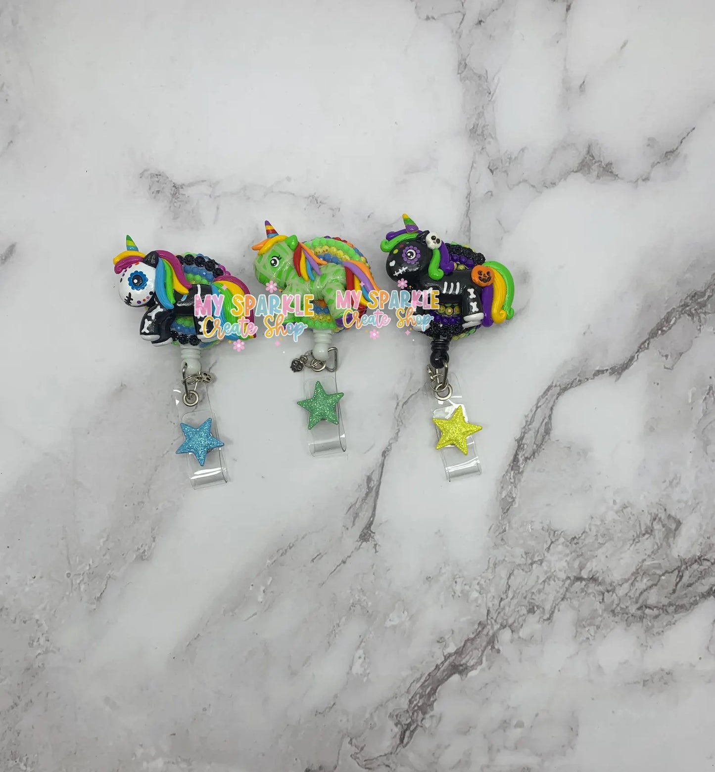 Sugar Skull Unicorn Clay Badge Reel