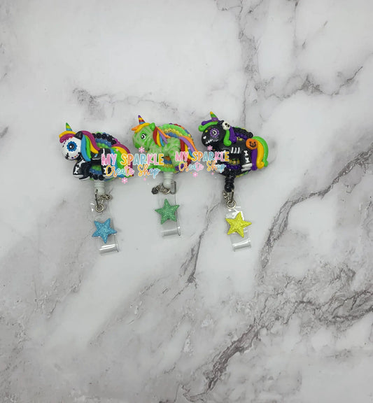 Sugar Skull Unicorn Clay Badge Reel
