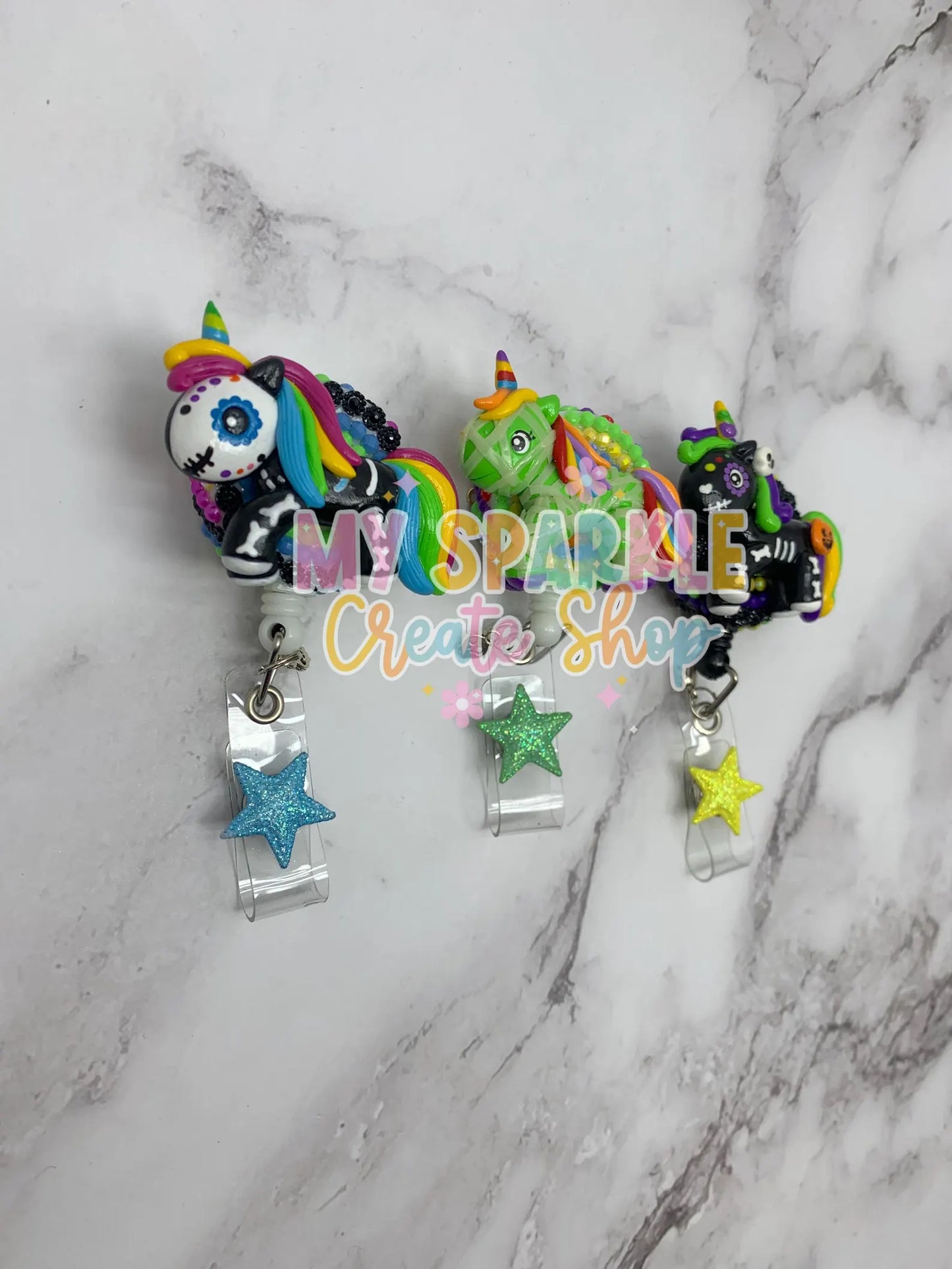 Sugar Skull Unicorn Clay Badge Reel